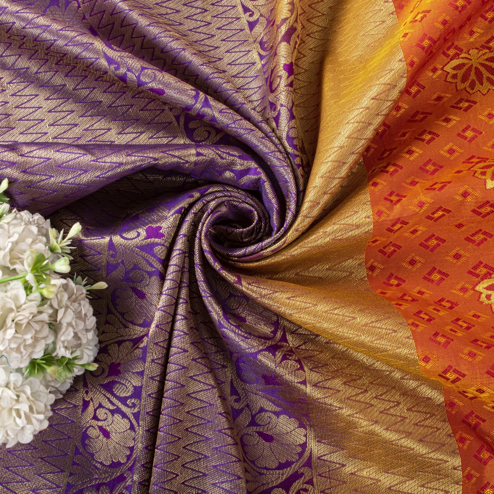 Sanskriti Vintage Saree Orange Art Silk Kanchipuram Brocade Zari Hand Woven Sari