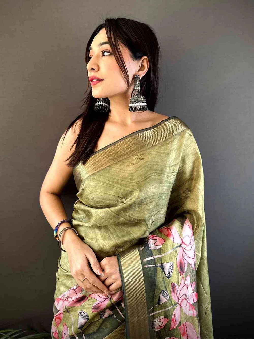 Women Olive Green Floral Grace Soft Silk Tissue Saree With Blouse Piece