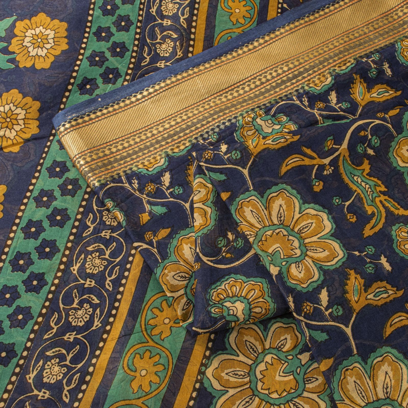 Sanskriti Vintage Saree Blue Pure Cotton Kalamkari Print Sari 5+Yd Craft Fabric