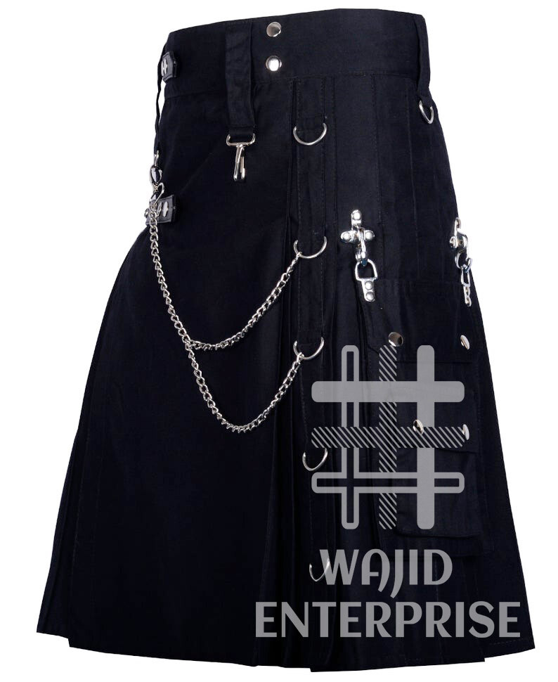Scottish Fashion Modern KILT Black Cotton Men’s Gothic KILT Goth Utility KILT