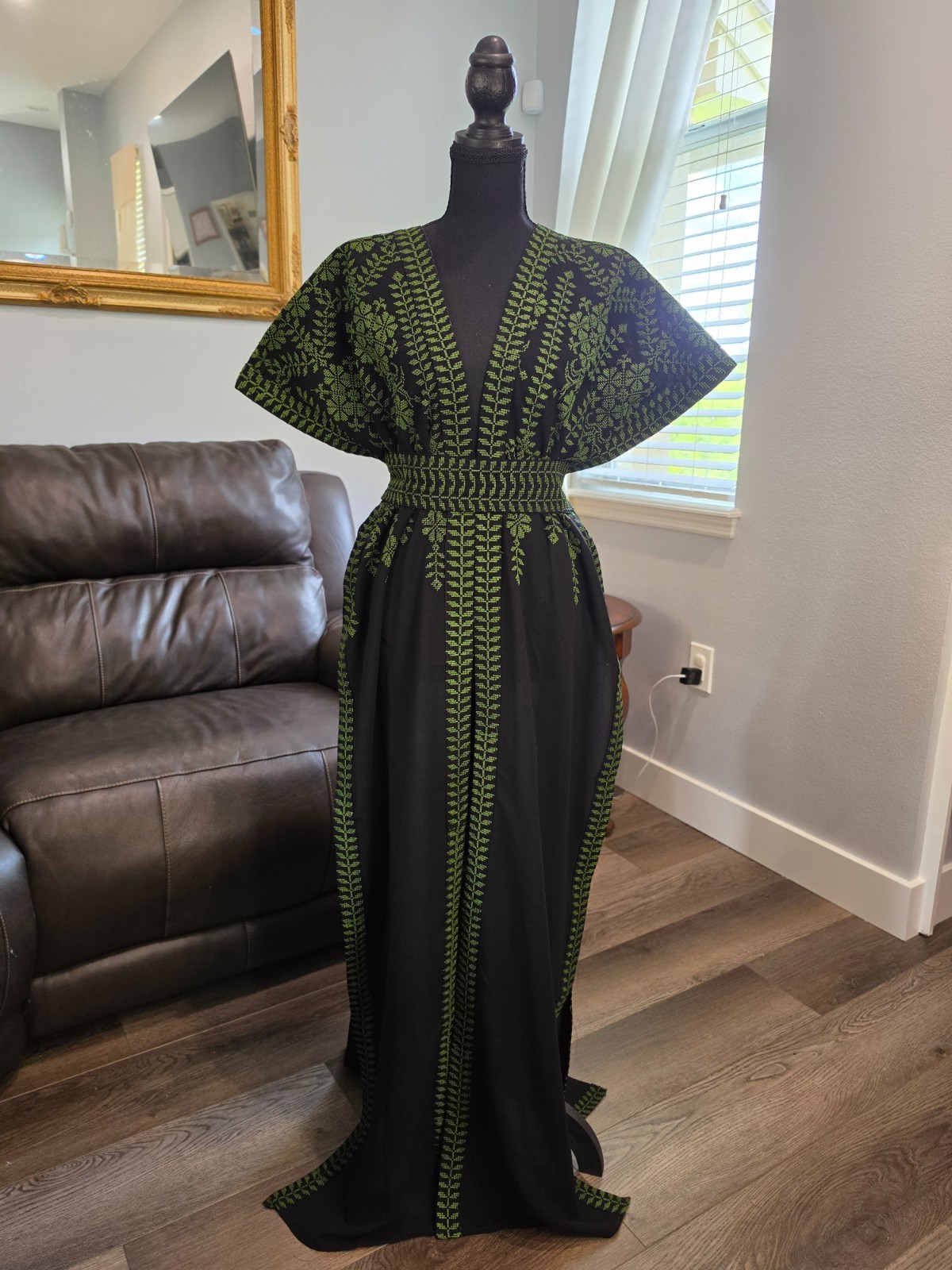 Black Palestinian Jordanian Abaya Thobe with Green tatreez Embroidery