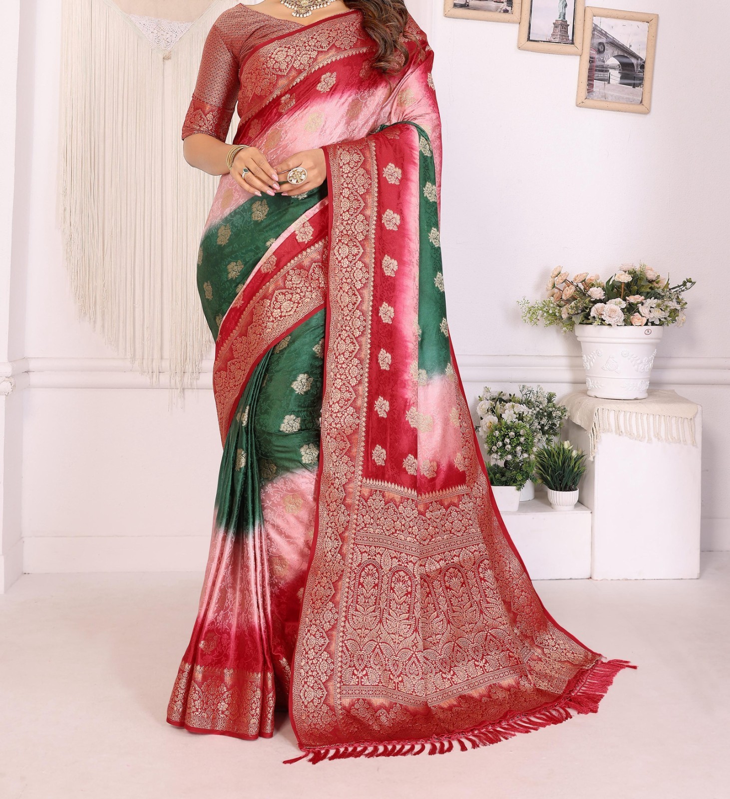 Buy 1 Get One Free Premium 3D Multi-Color Satin Silk Sari With Rich Zari Weaving