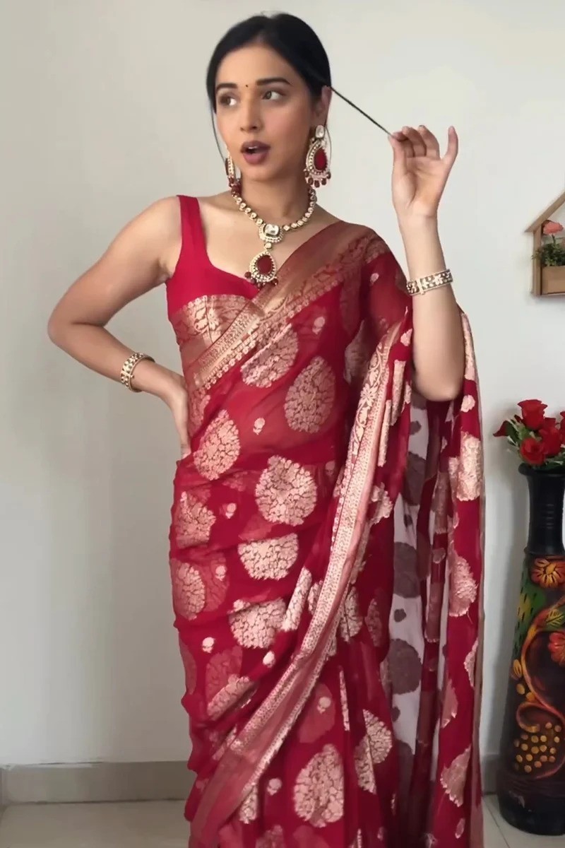 Women’s Dark Red Ready to Wear Cotton Silk Saree With Unstitched Blouse Piece