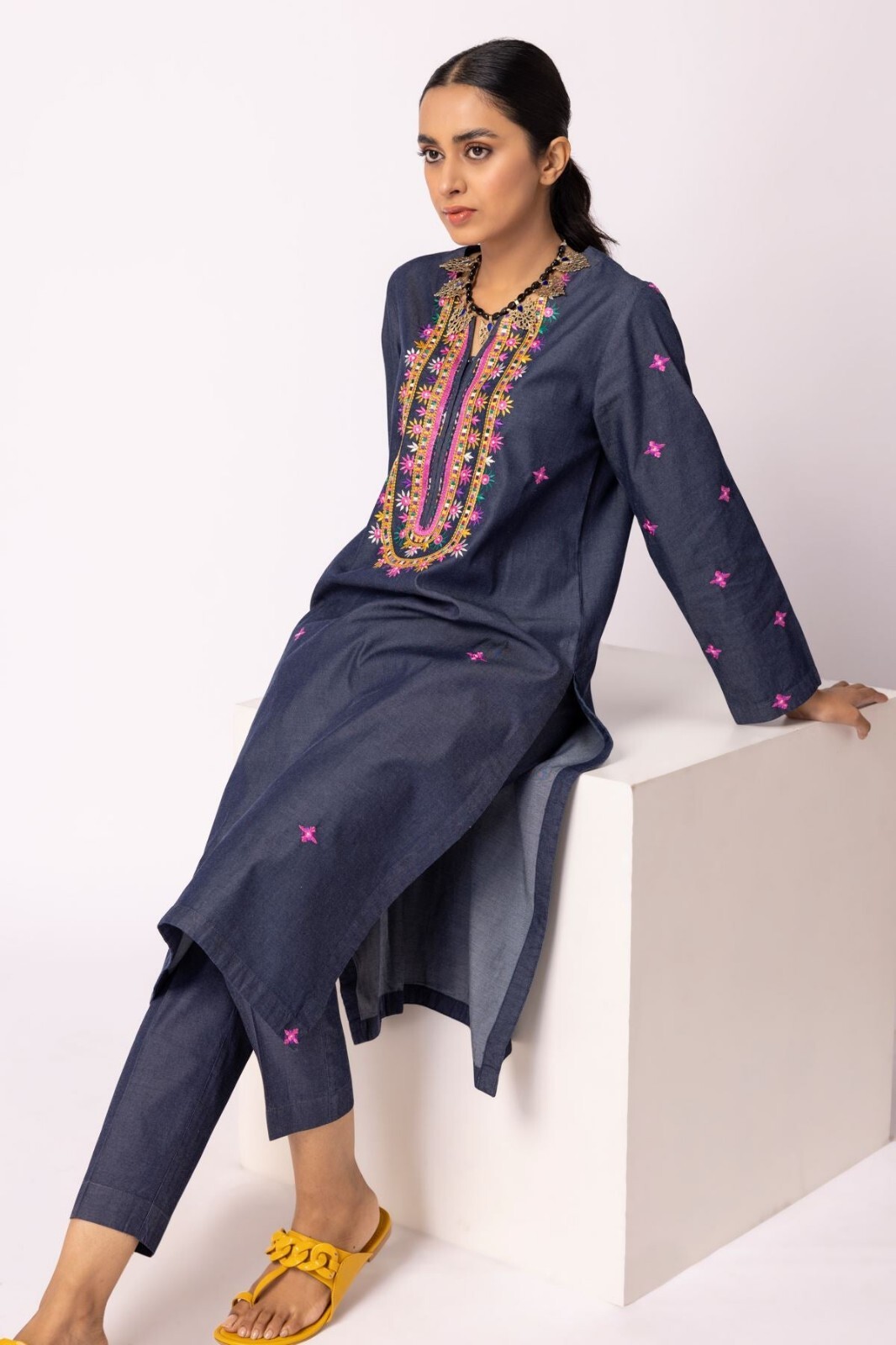 NWT KHAADI Sizes 14, 10 Embroidered Denim Kameez Fall Winter Pakistani Designer