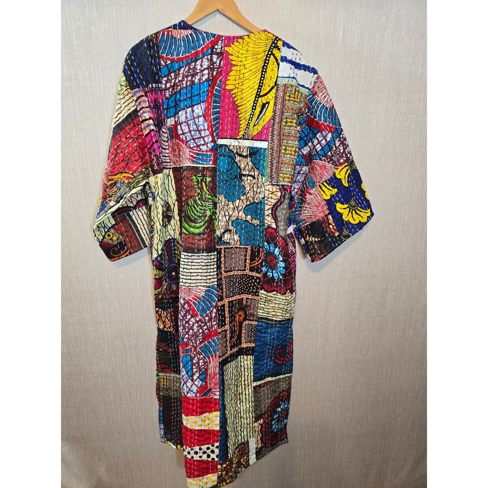 Raj Patchwork Kantha Stitch Kimono Jacket One Size India Cotton Pockets