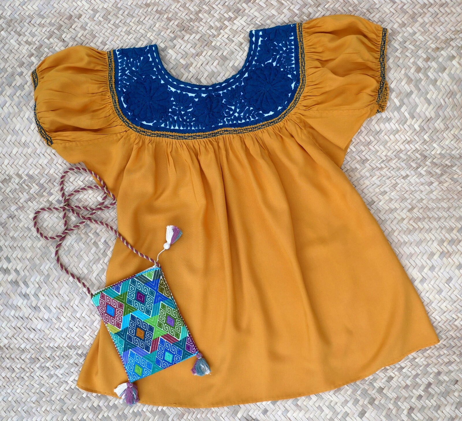 S/M Peasant Blouse Hand Embroidery Blue Flowers Gold Fabric Mayan Chiapas Mexico