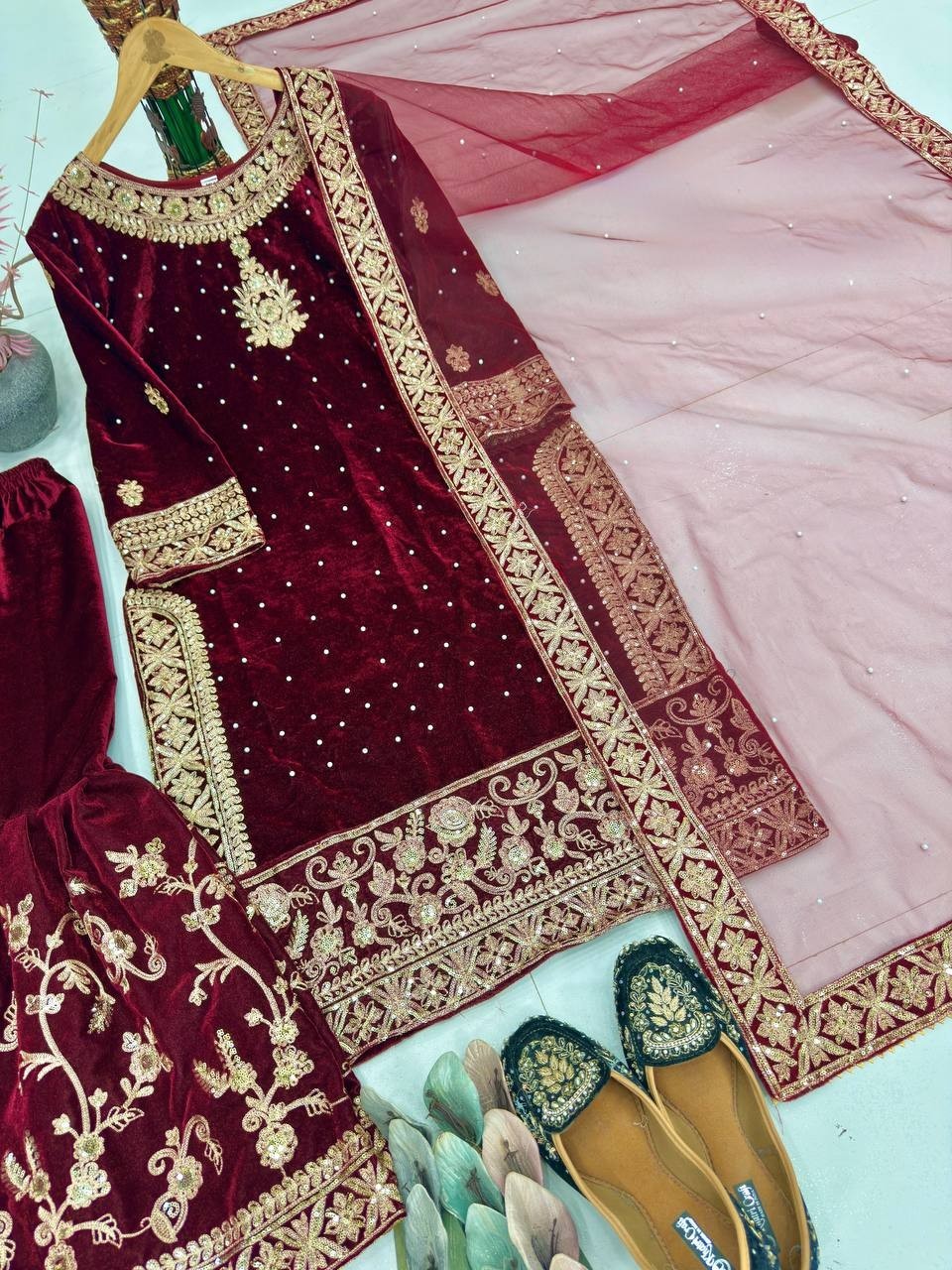 New Beautiful Maroon Heavy Velvet Top Palazzo With Dupatta For Wedding Wear