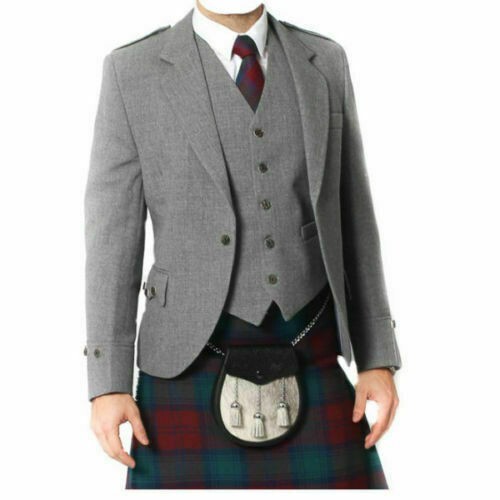 Men’s Grey Wool Argyle Kilt Jacket With Waistcoat Scottish Wedding