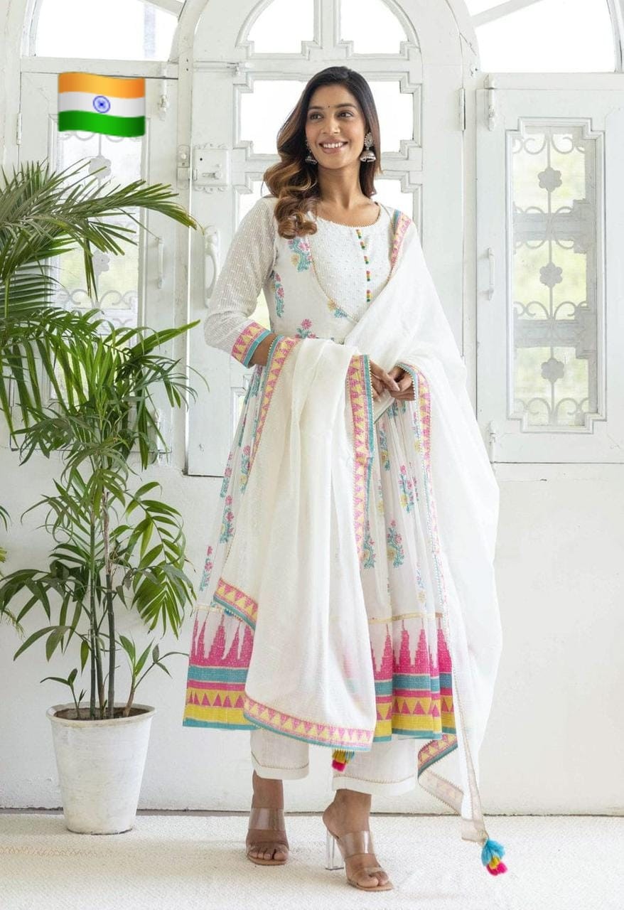 cotton suitWomen White Floral Anarkali Kurta Set with Dupatta Cotton Ethnic Suit