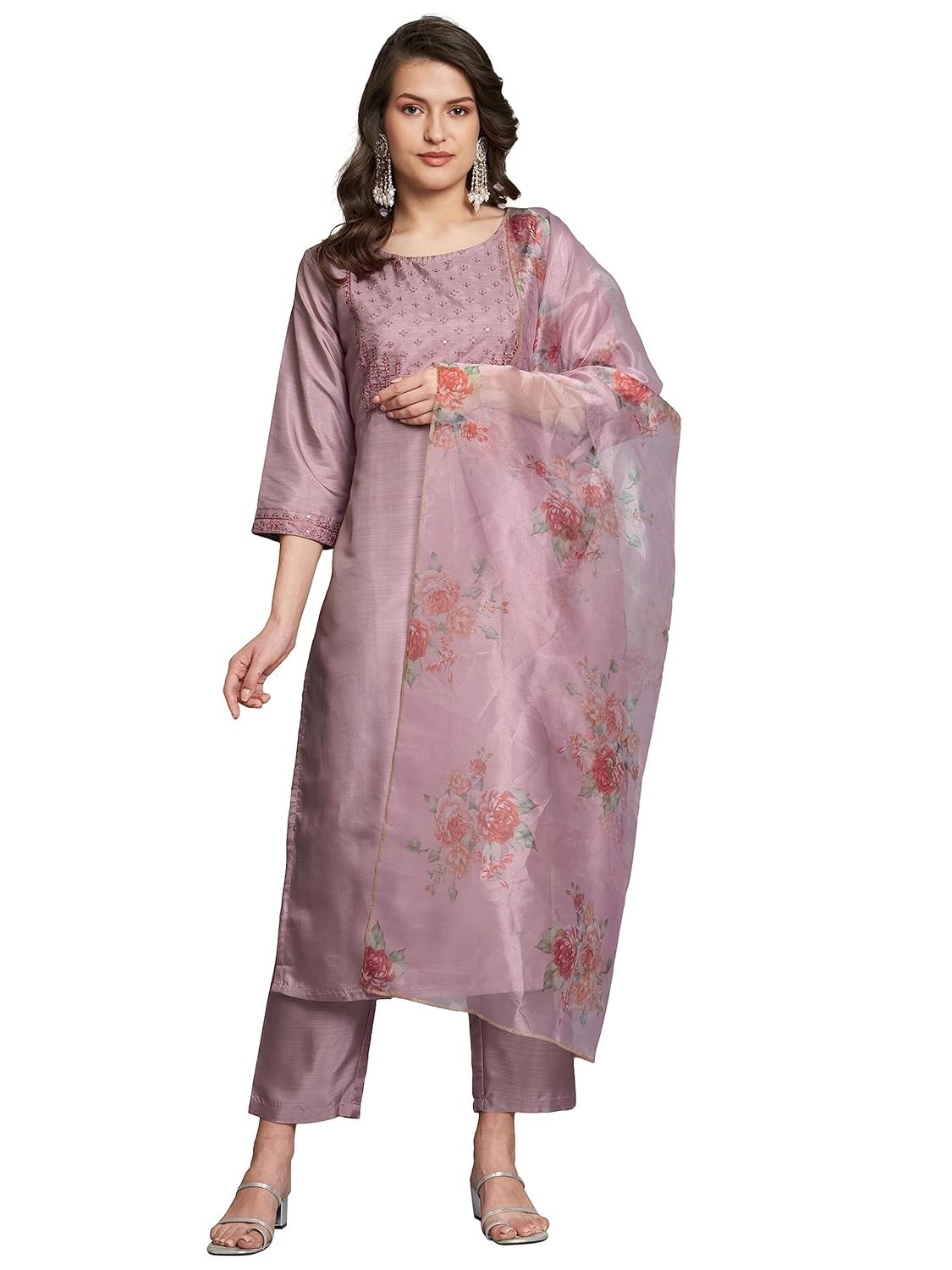 Women’s Silk Blend Embroidered Straight Kurta Pant Set with Organza Dupatta