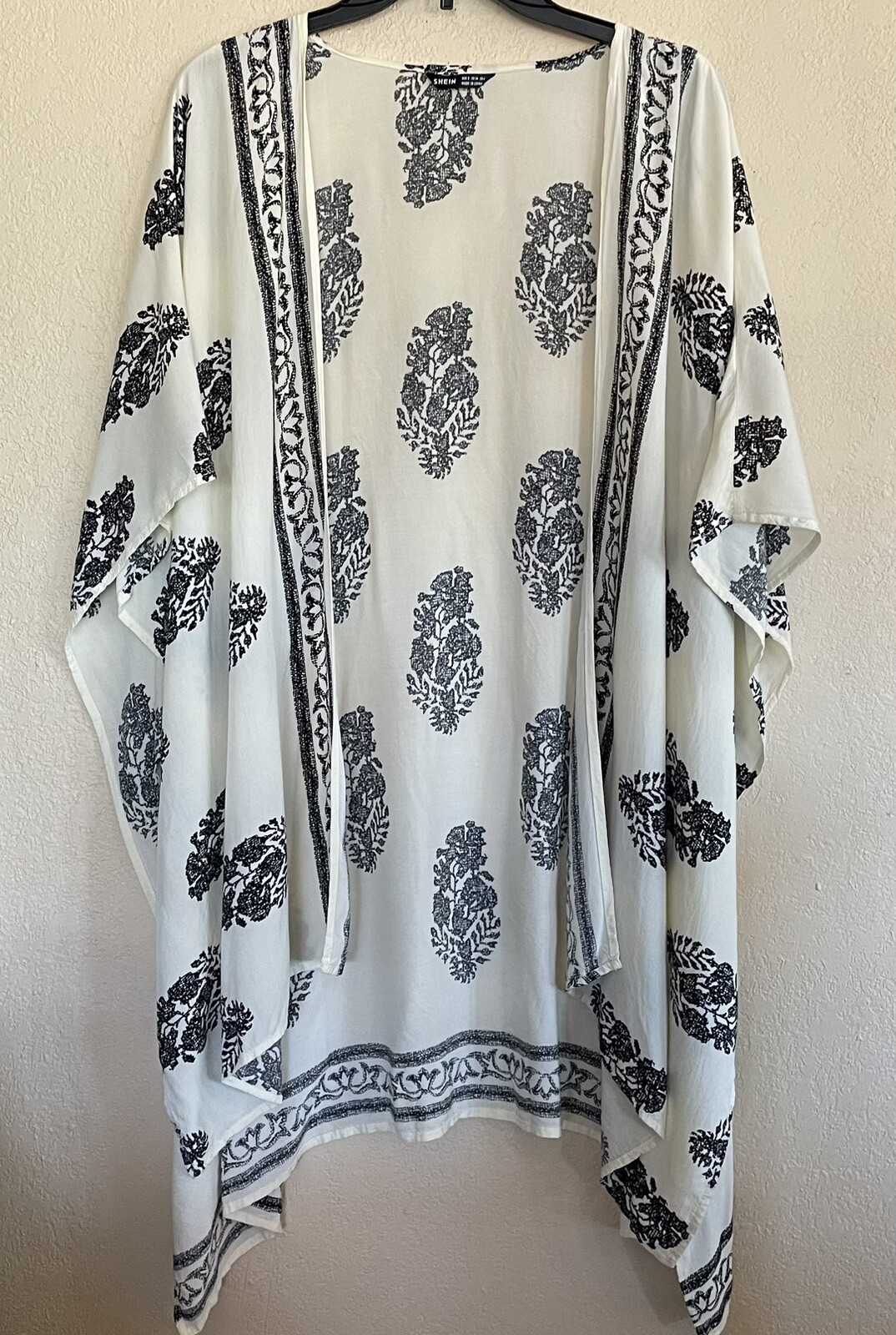 SHEIN Womens Cream w/ Black Print Summer Beach Kimono Swimwear Cover Ups Small