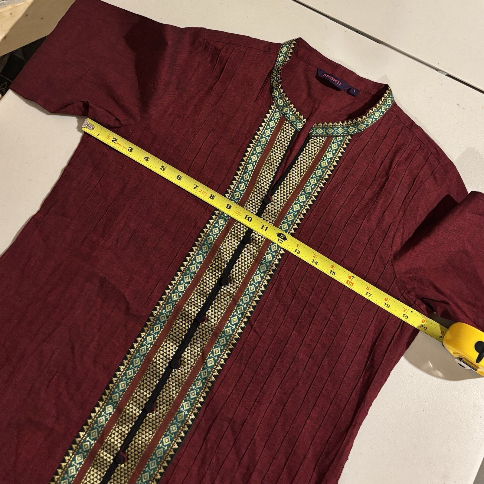 SRISHTI Maroon Kurta Cotton Faux Button Front Size Large Banded Neck W-13