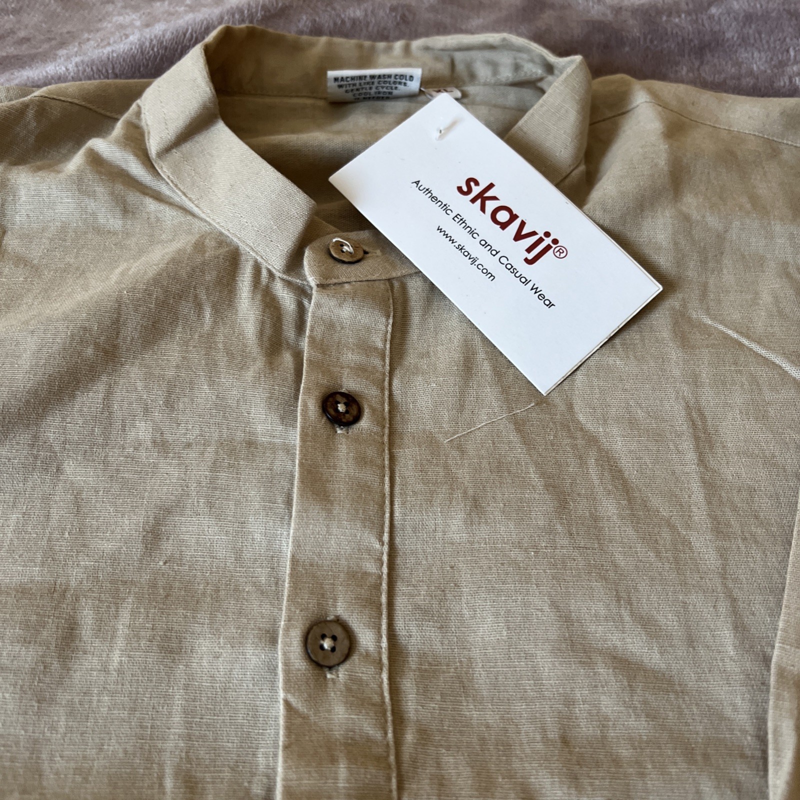 Skavij Men’s Tunic Shirt (Kurta) Size XL Beige 1/4 Button Lightweight