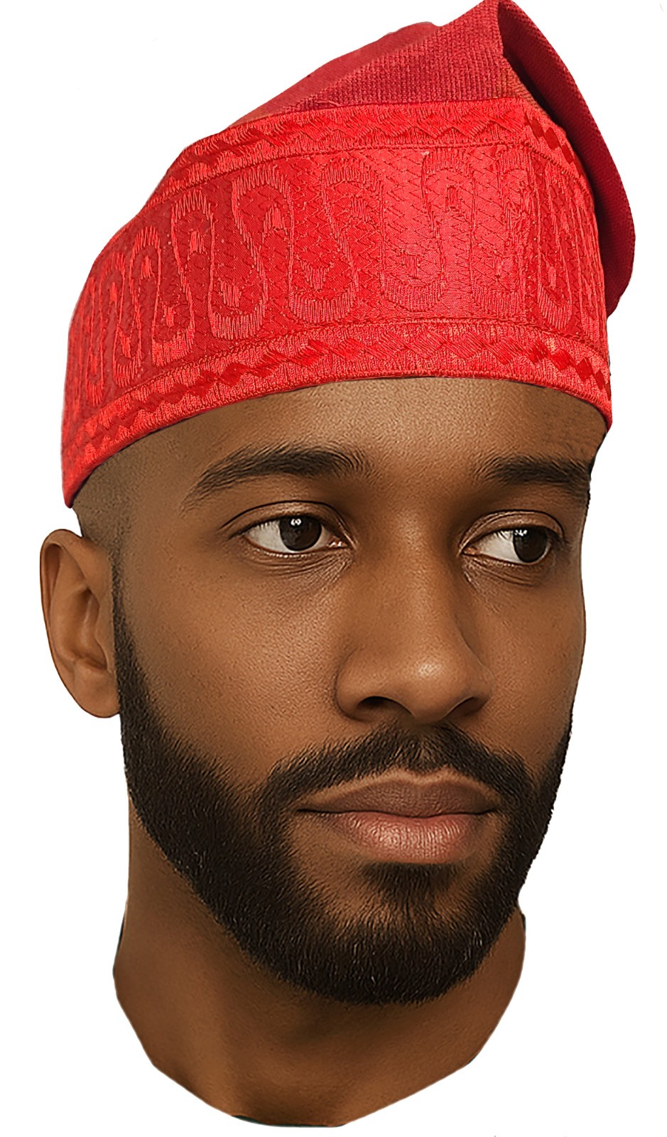 Red Embroidered African Hand Woven Aso Oke Hat