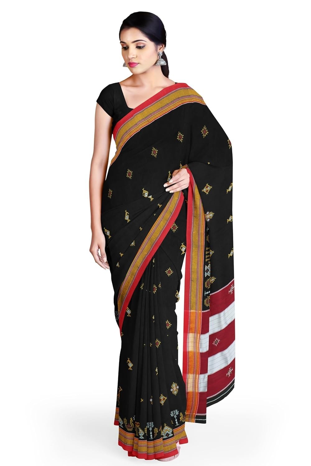 Women’s Handloom Cotton Resham Silk Kasuti Saree with Stripe Pallu Running Blous