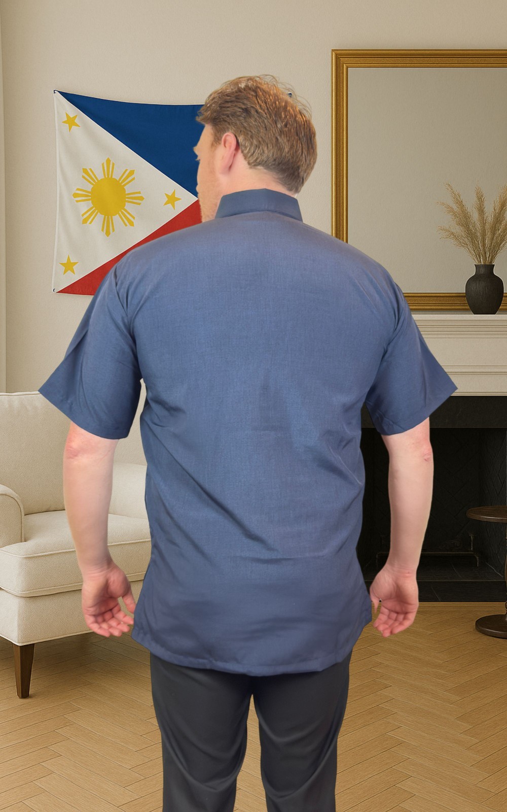 Navy Short Sleeve Wavy-Pattern Cotton Polo Barong Tagalog ORDER US SIZE
