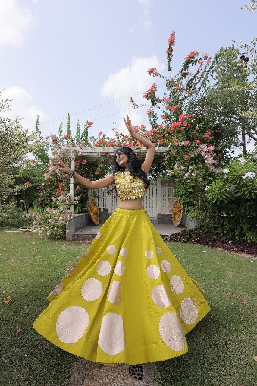 Yellow Roman Silk Lehenga Choli Mirror Lace Gota Work Haldi Ceremony Wear