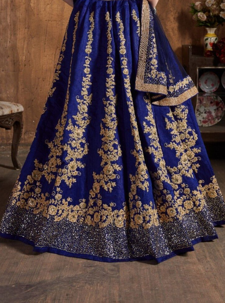 Navy Blue Raw Silk Lehenga Choli With Soft Net Dupatta For Indian Wedding Wear