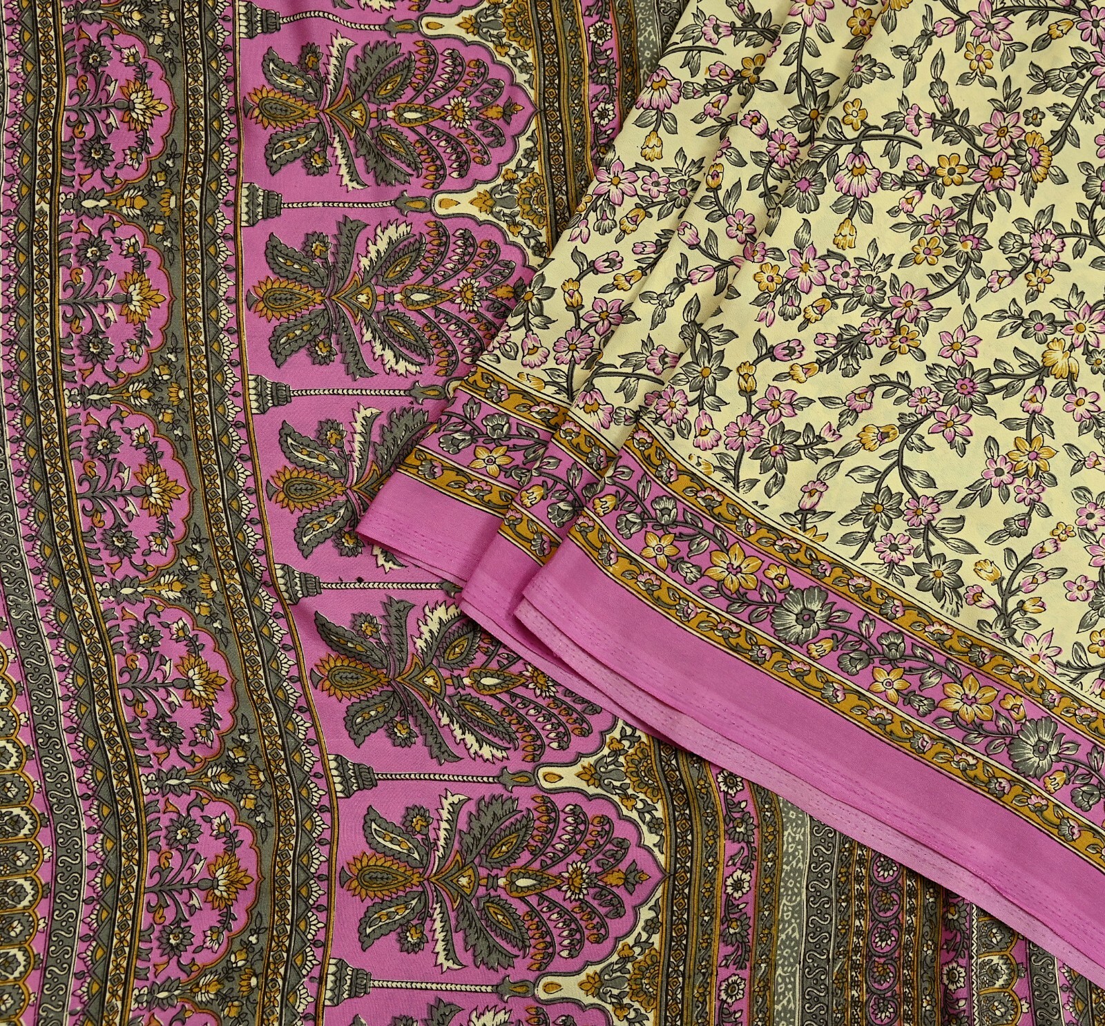 Vintage Sari Ivory & Pink Moss Crepe Printed Sarees 5yd Craft Fabric Sewing Soft