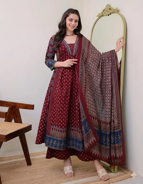 Women’s Rayon Printed Anarkali Kurta and Pant with Dupatta Set