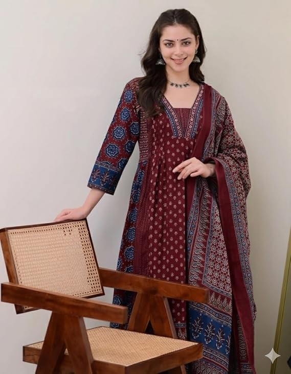 Women’s Rayon Printed Anarkali Kurta and Pant with Dupatta Set