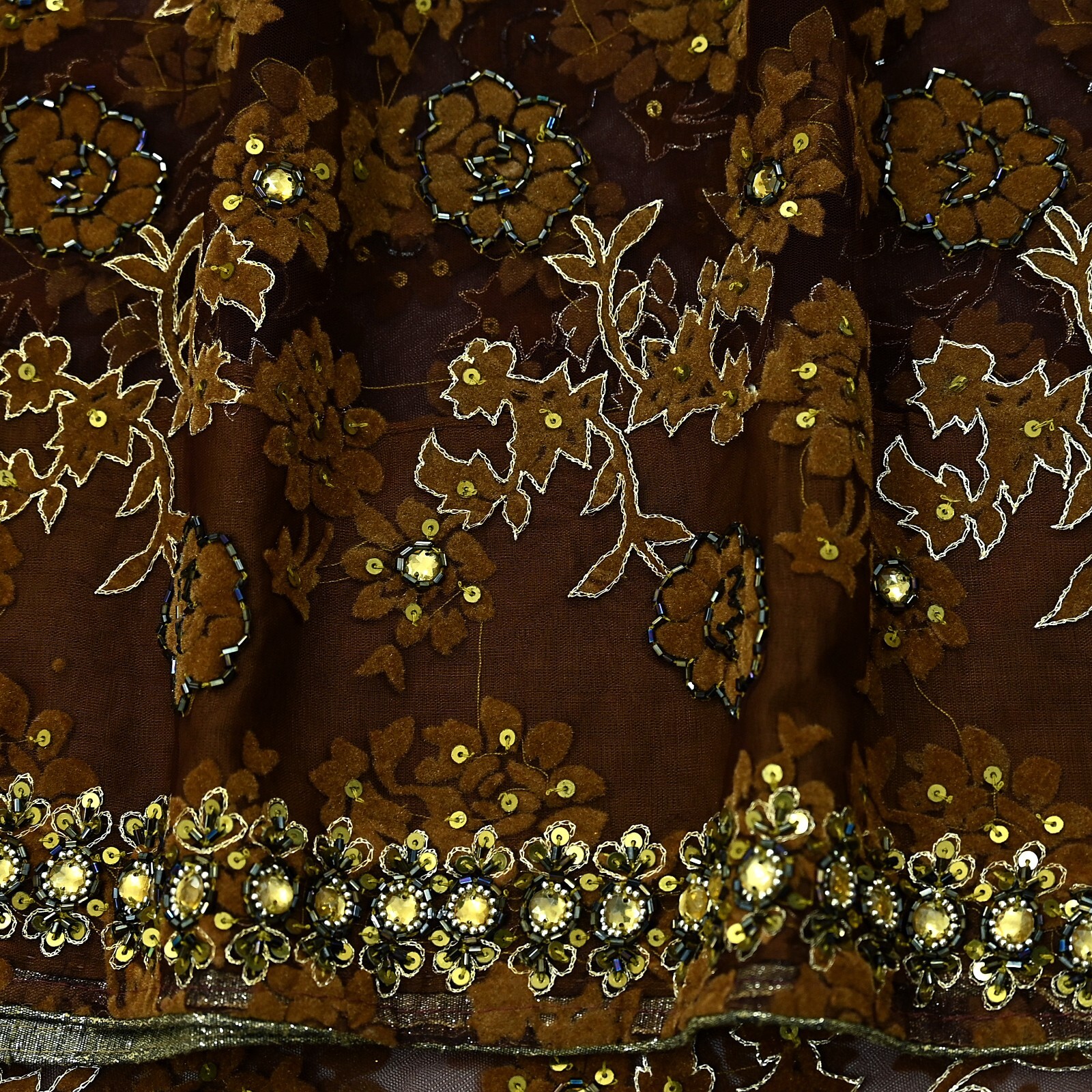 Vintage Heavy Coffee Brown Saree Net/Mesh Hand Beaded Sari Fabric 5Yd Sewing