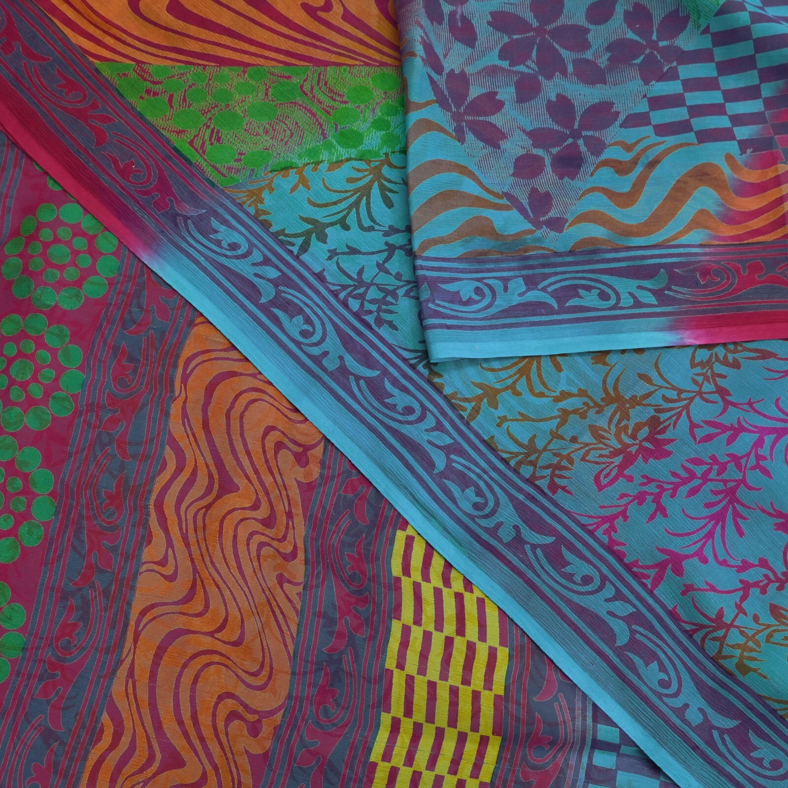 Indian Vintage Sari Blue & Purple Pure Chiffon Silk Printed Sarees Craft Fabric