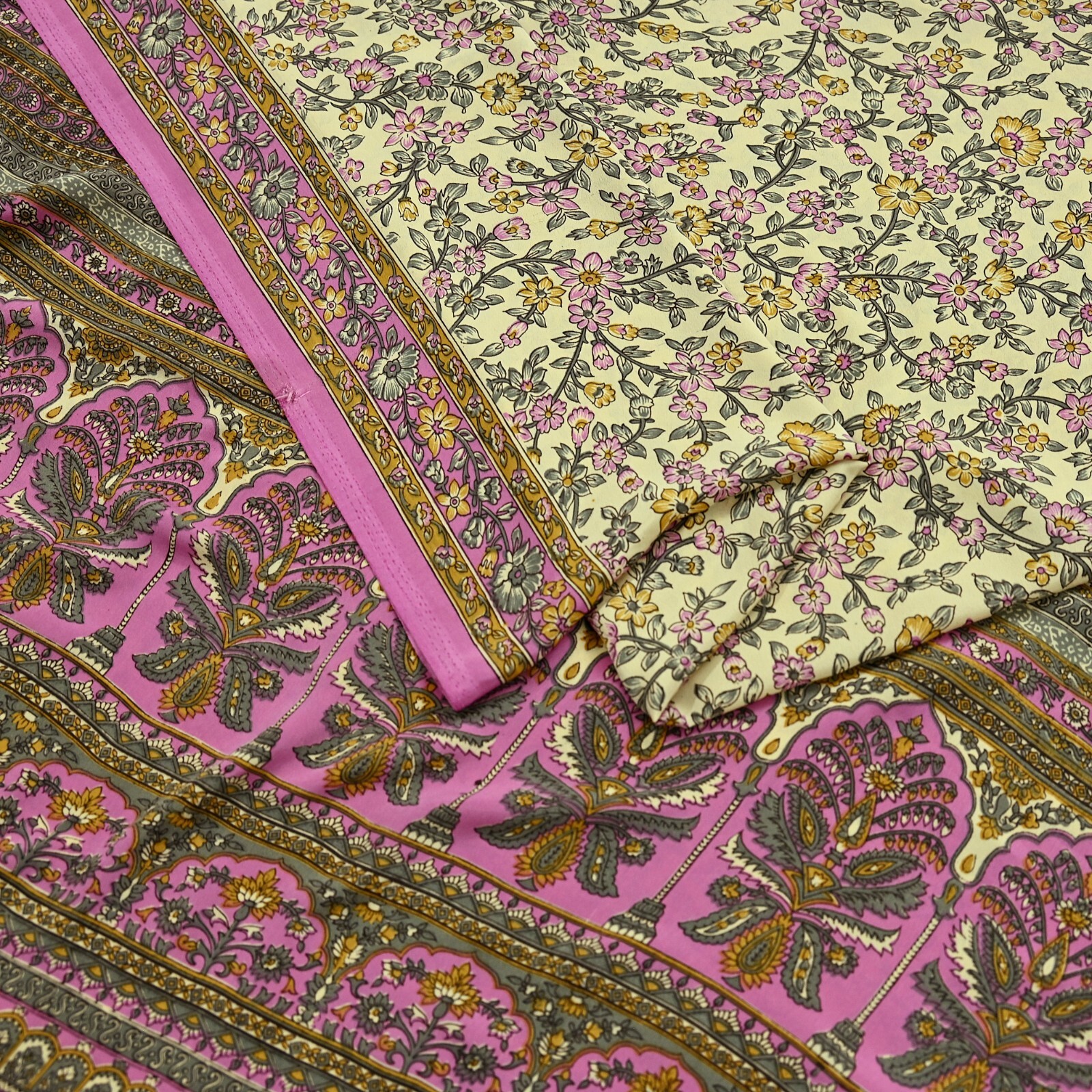 Vintage Sari Ivory & Pink Moss Crepe Printed Sarees 5yd Craft Fabric Sewing Soft
