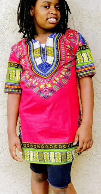 Slim Fit Fuchsia (Pink) Kids Traditional Unisex African Dashiki top in Size 12