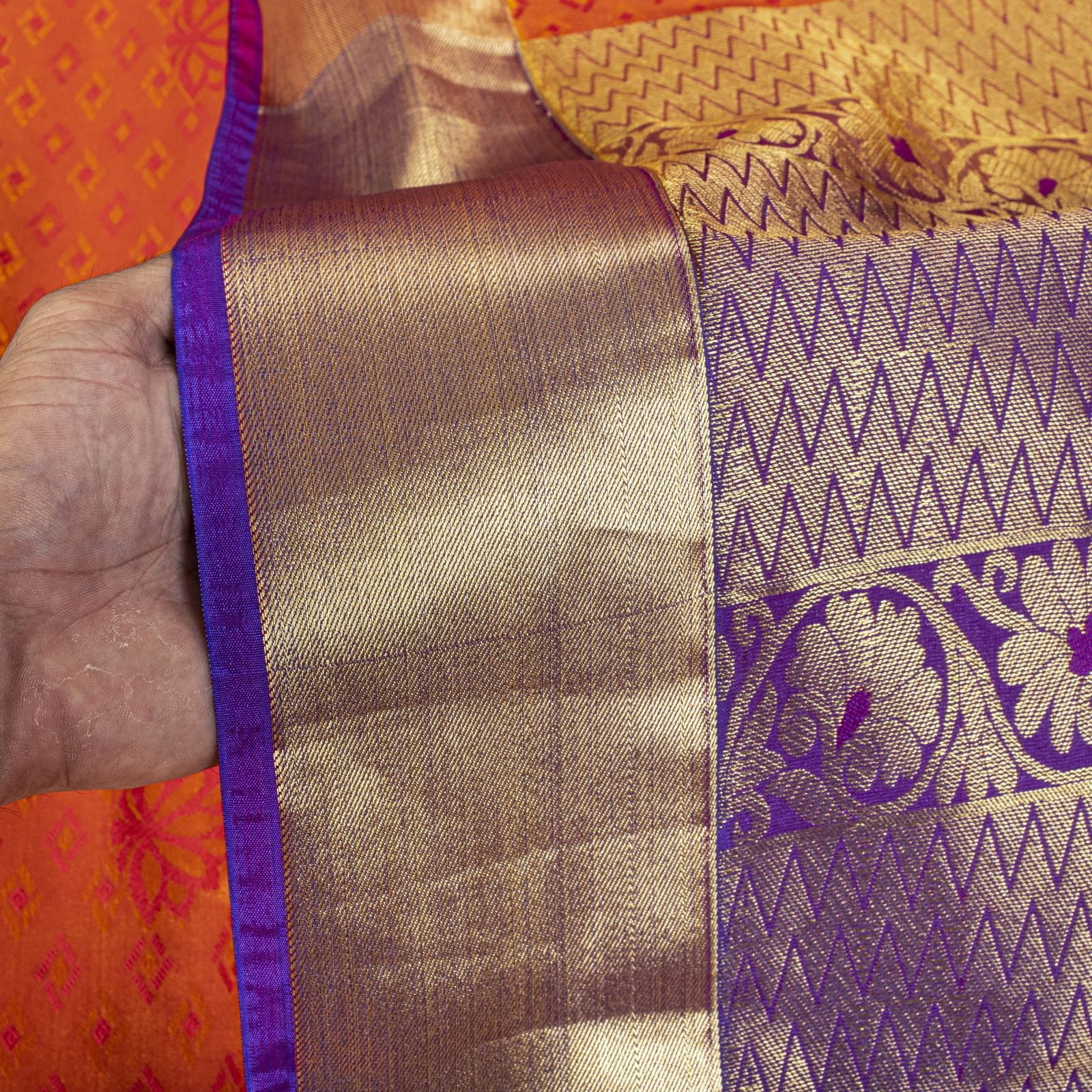 Sanskriti Vintage Saree Orange Art Silk Kanchipuram Brocade Zari Hand Woven Sari