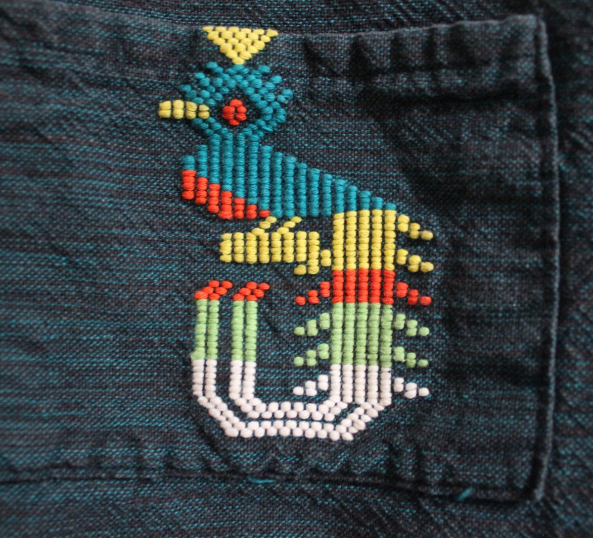 VTG Guatemalan Handwoven Quetzel Peacock Button Down Aztec Shirt Jacket Pockets