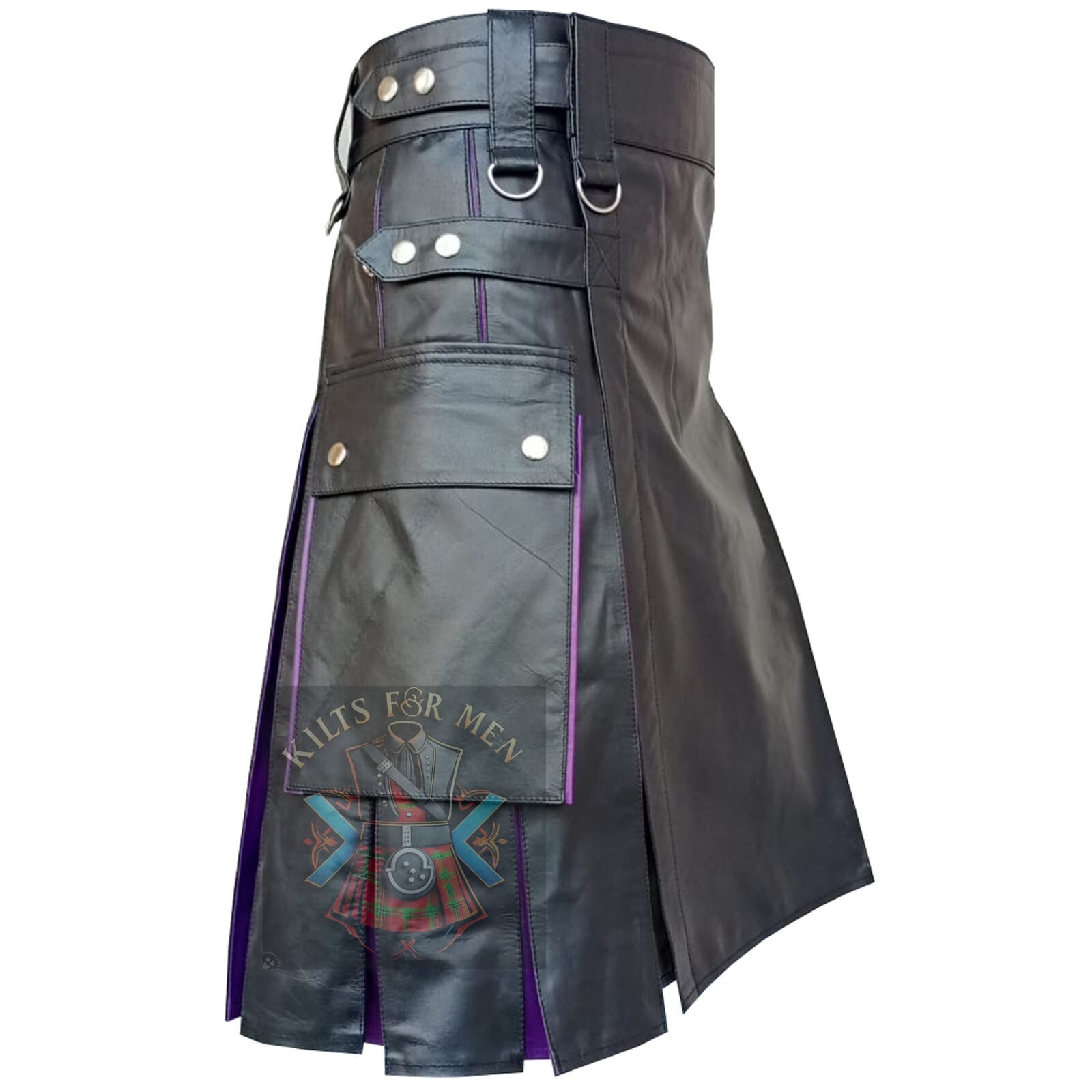 Hybrid Black & Purple Inner Plats Cow Leather Modern Festival Kilt For Men