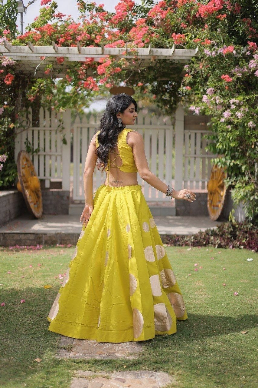 Yellow Roman Silk Lehenga Choli Mirror Lace Gota Work Haldi Ceremony Wear