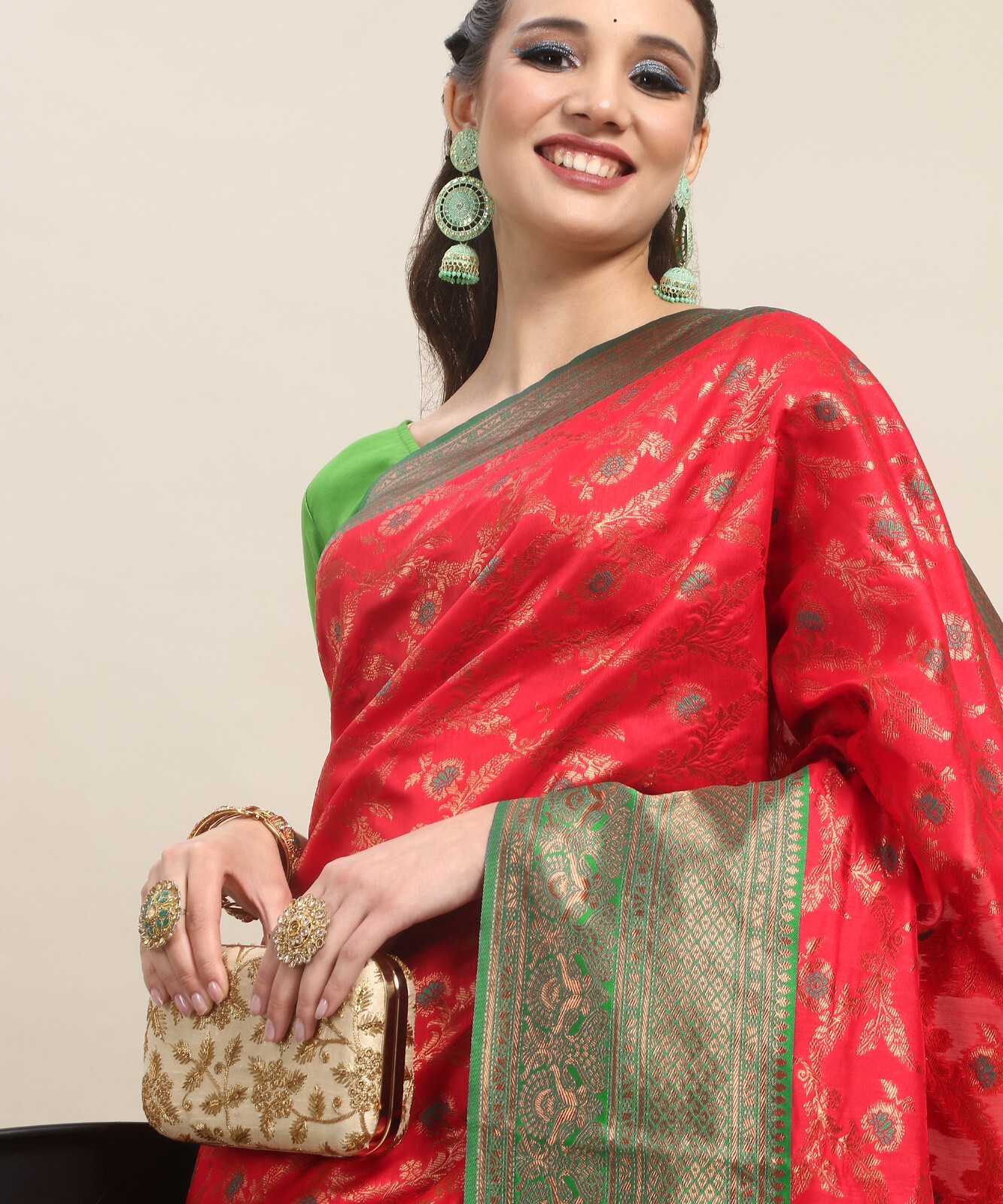Areca Designer Kanjivaram Silk Red Mina saree blouses women Saree cut-5.5 meter