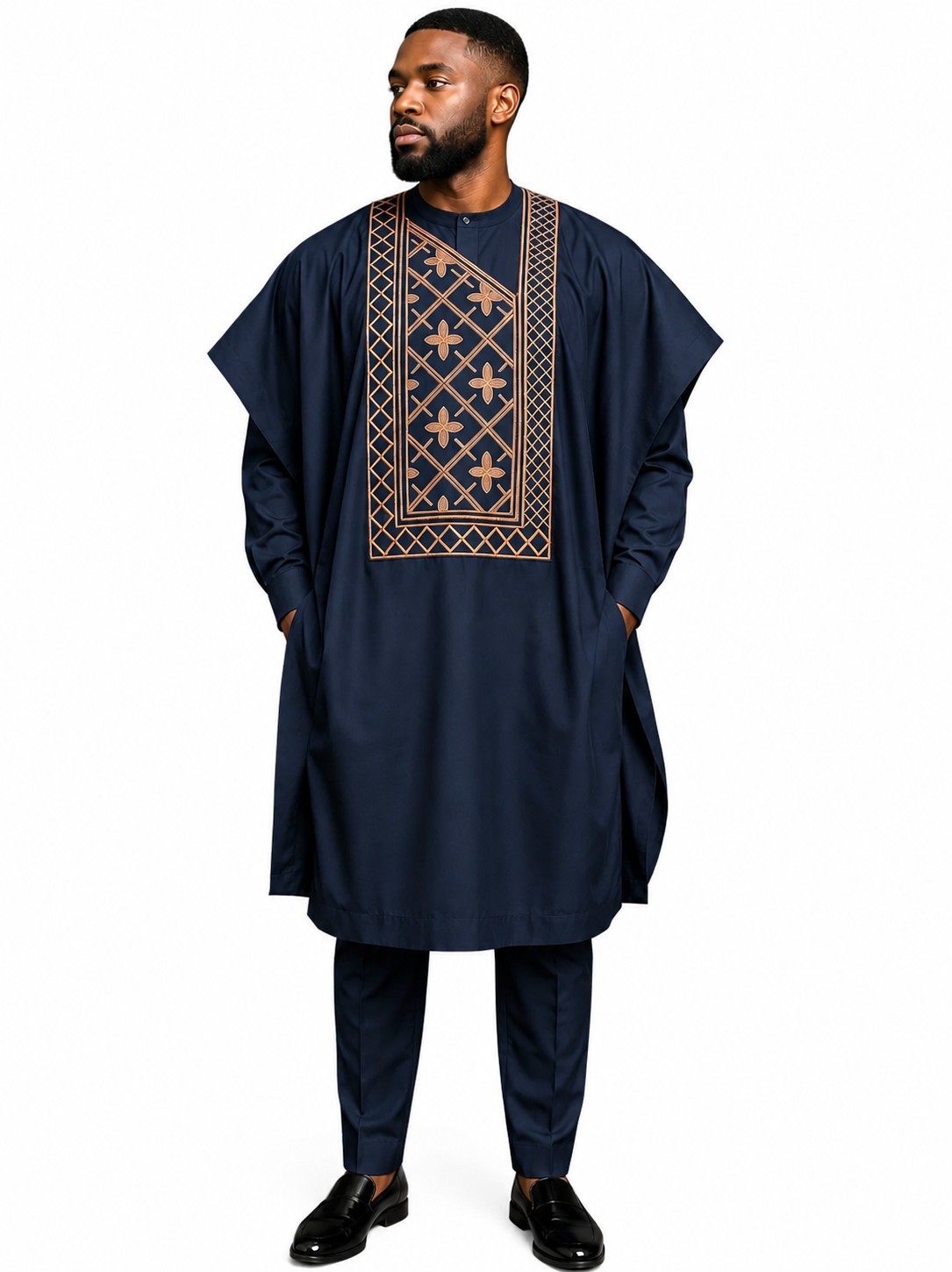 3- Piece Mens Agbada Blue Long- Sleeve Round Neck Robe Shirt African Suit Size L