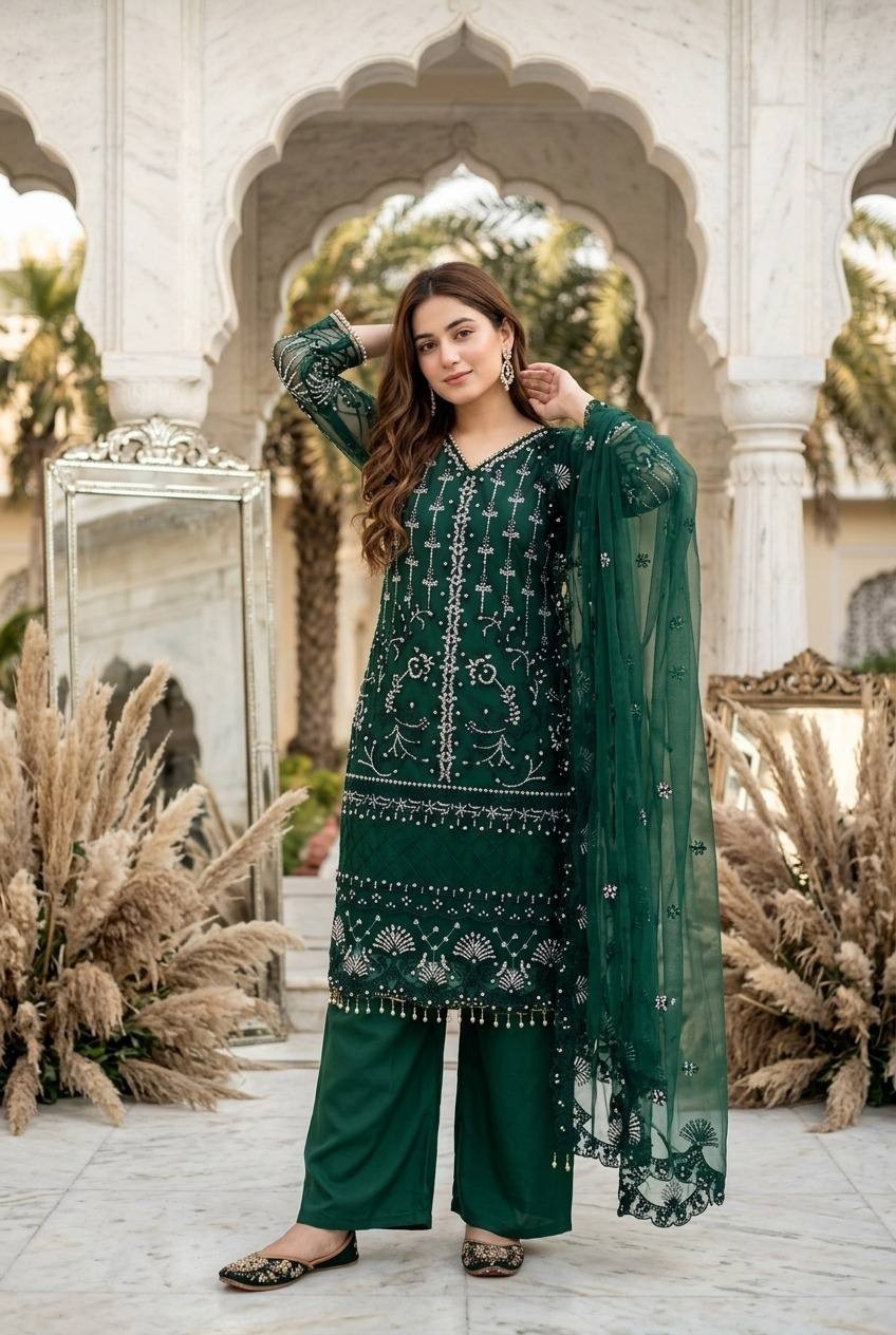 Designer Pakistani Suit Pearl hand Sequence Work Party wear Plazzo Dupatta Set