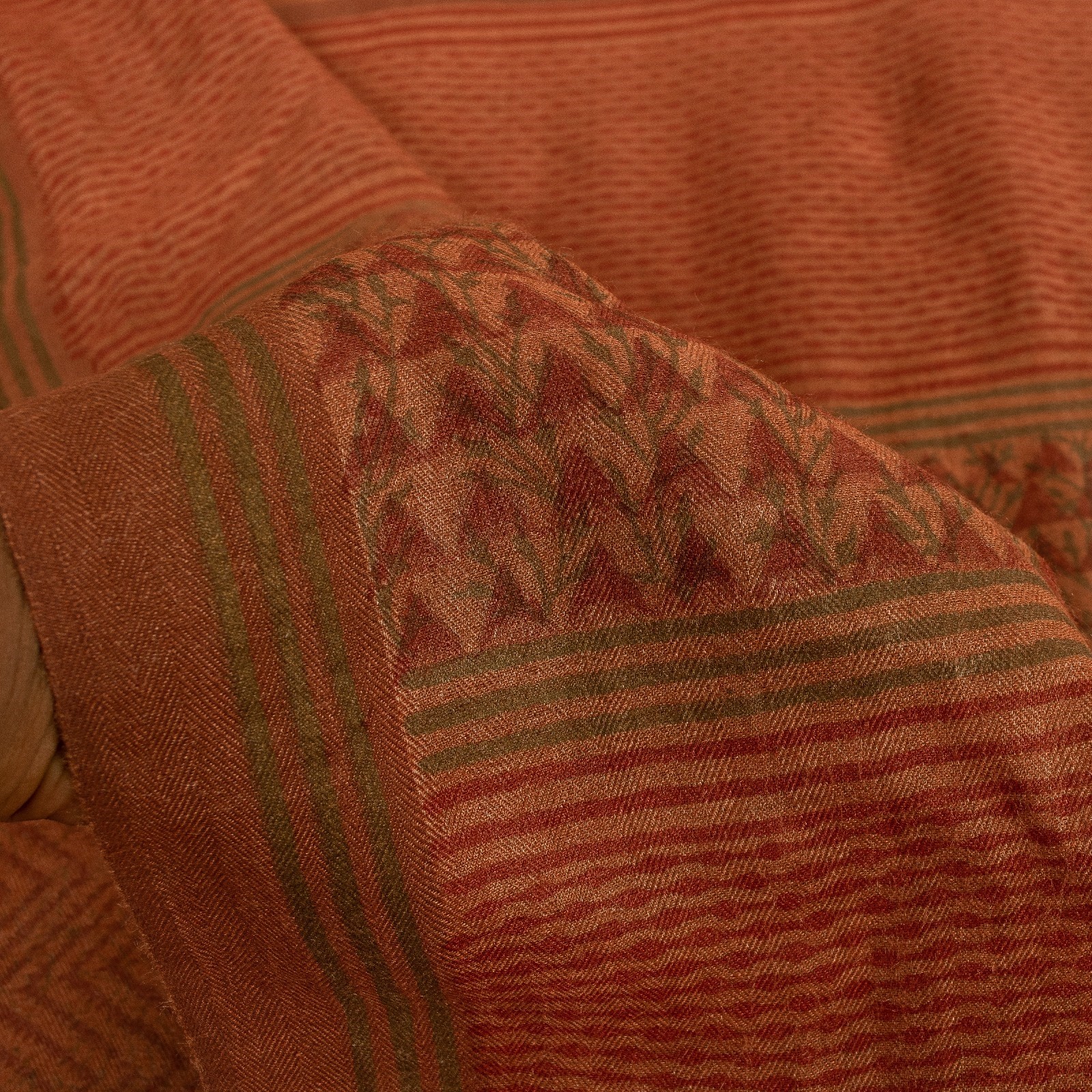 Sanskriti Vintage Dark Peach Sarees 100%Pure Woolen Wave Lines Printed 5+Yd Sari