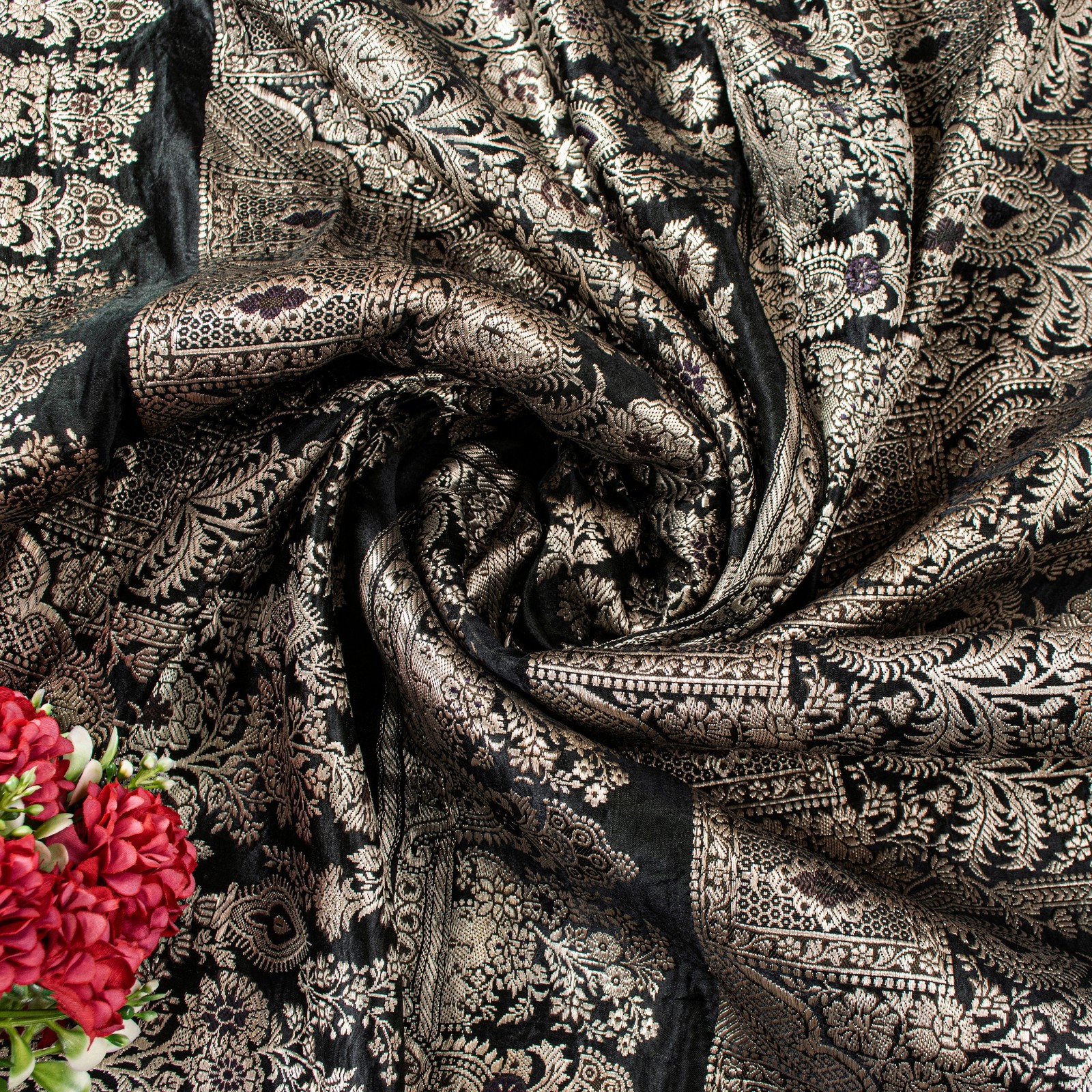 Sanskriti Vintage Black Pure Satin Sarees Banarasi Brocade Zari Hand-Woven 5+Yd