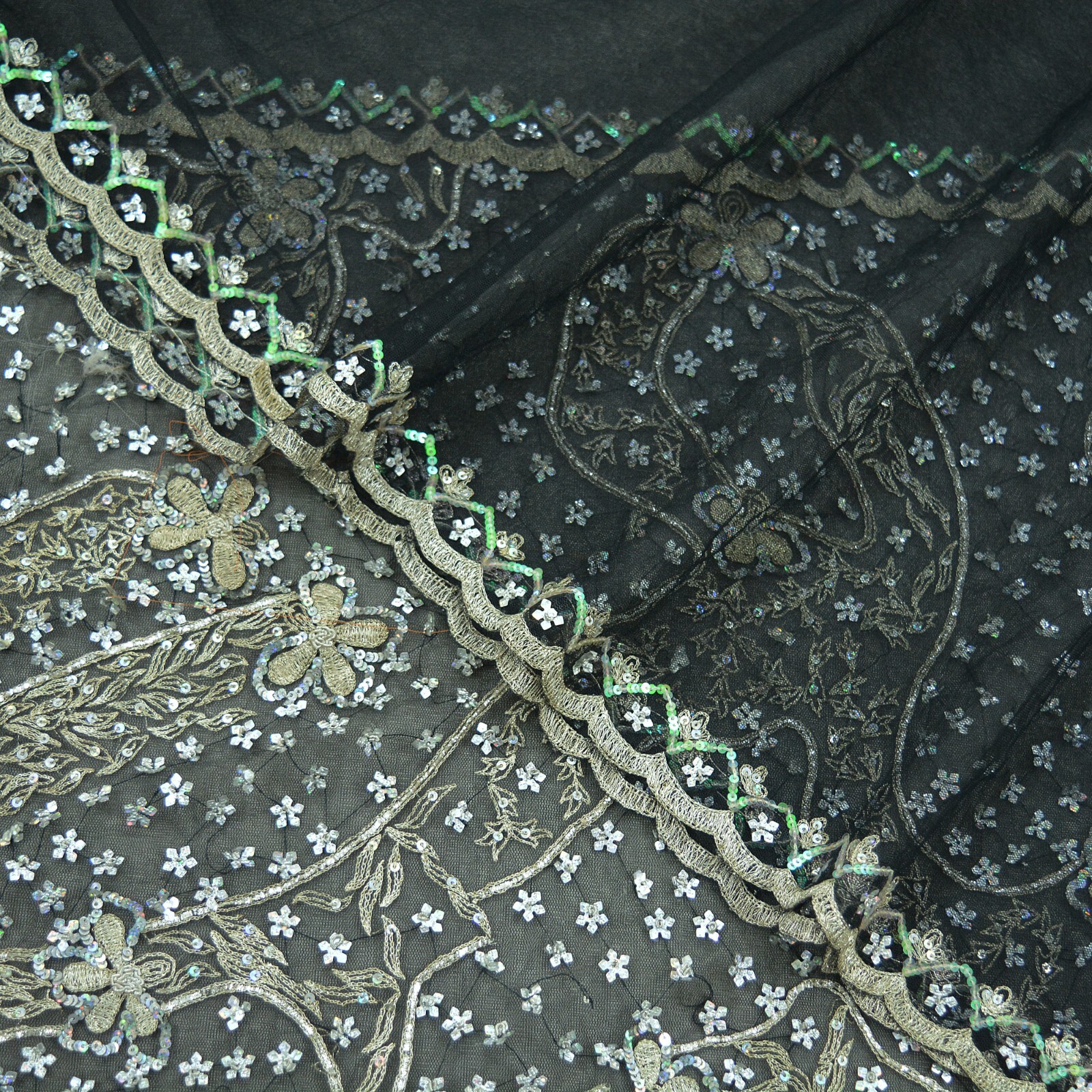 Indian Vintage Black Sarees Net/Mesh Hand Embroidered Sari Fabric 5Yd Ethnic