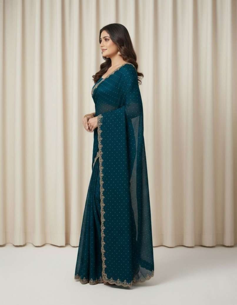 Women’s Embroidered Banarasi Georgette Saree with Unstitched Blouse (Light Blue)