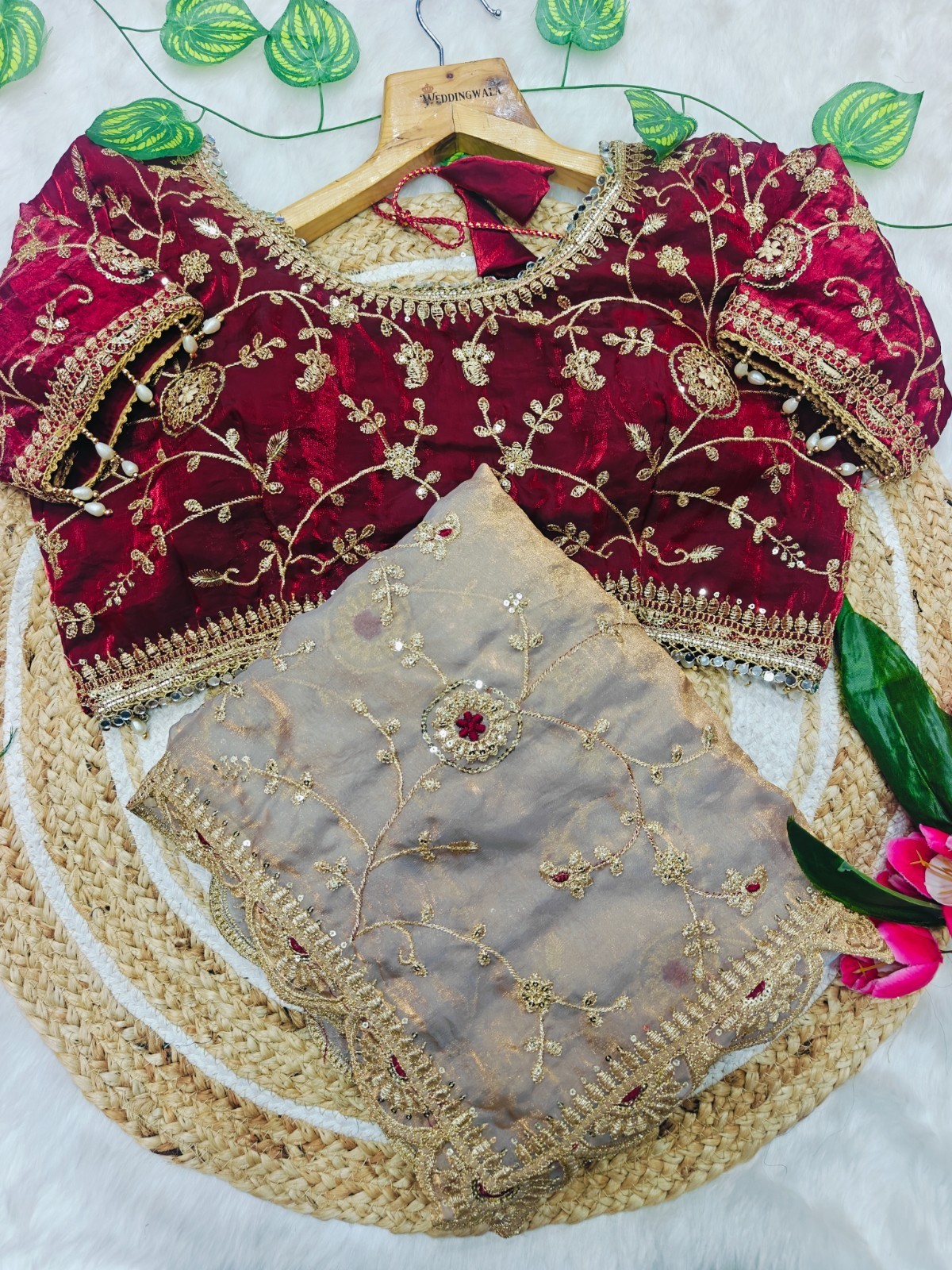 Wine Maroon Embroidered Organza Saree With Heavy Designer Blouse Elegant Emerald
