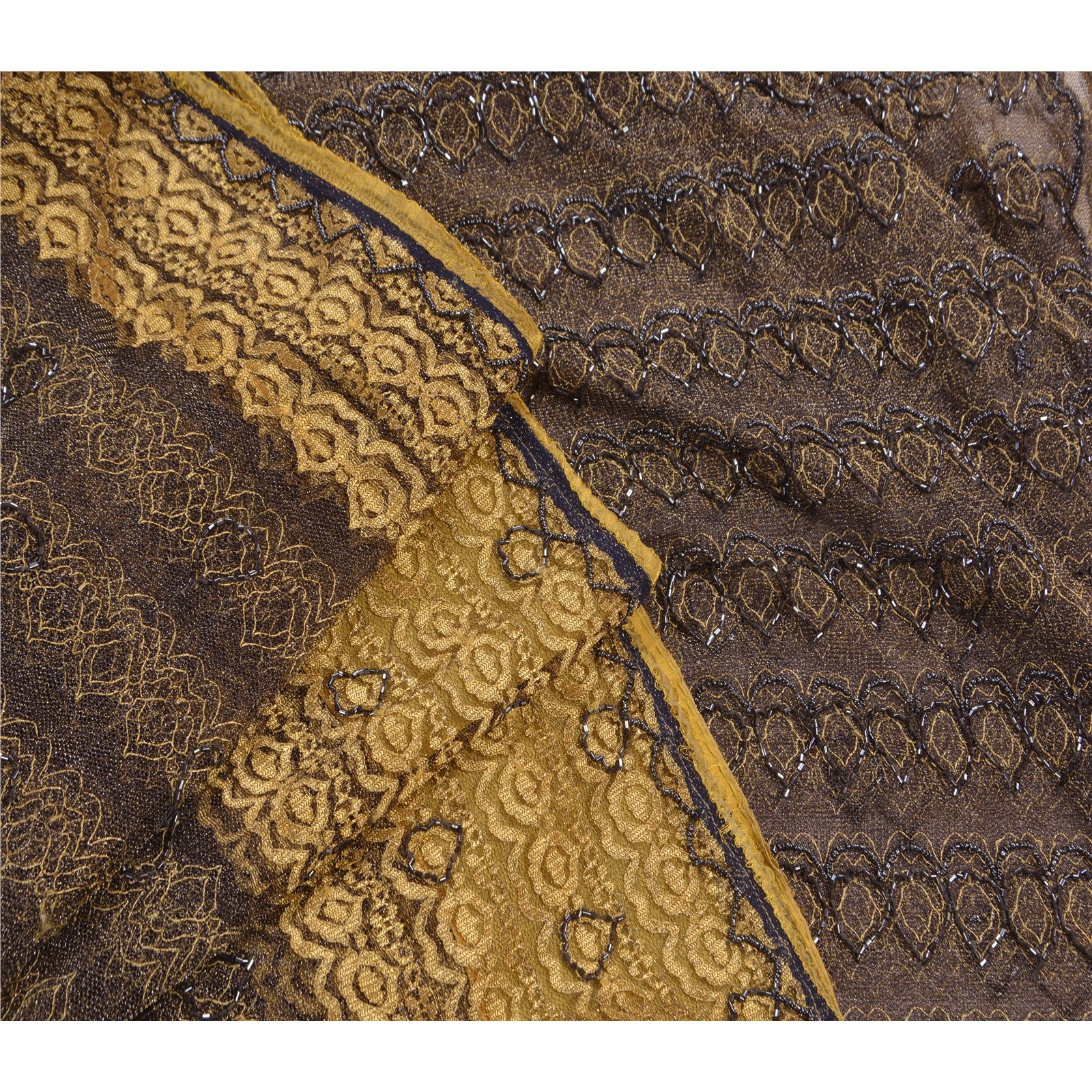 Sanskriti Vintage Black Sarees Net Mesh Hand Beaded Woven Craft Fabric Sari