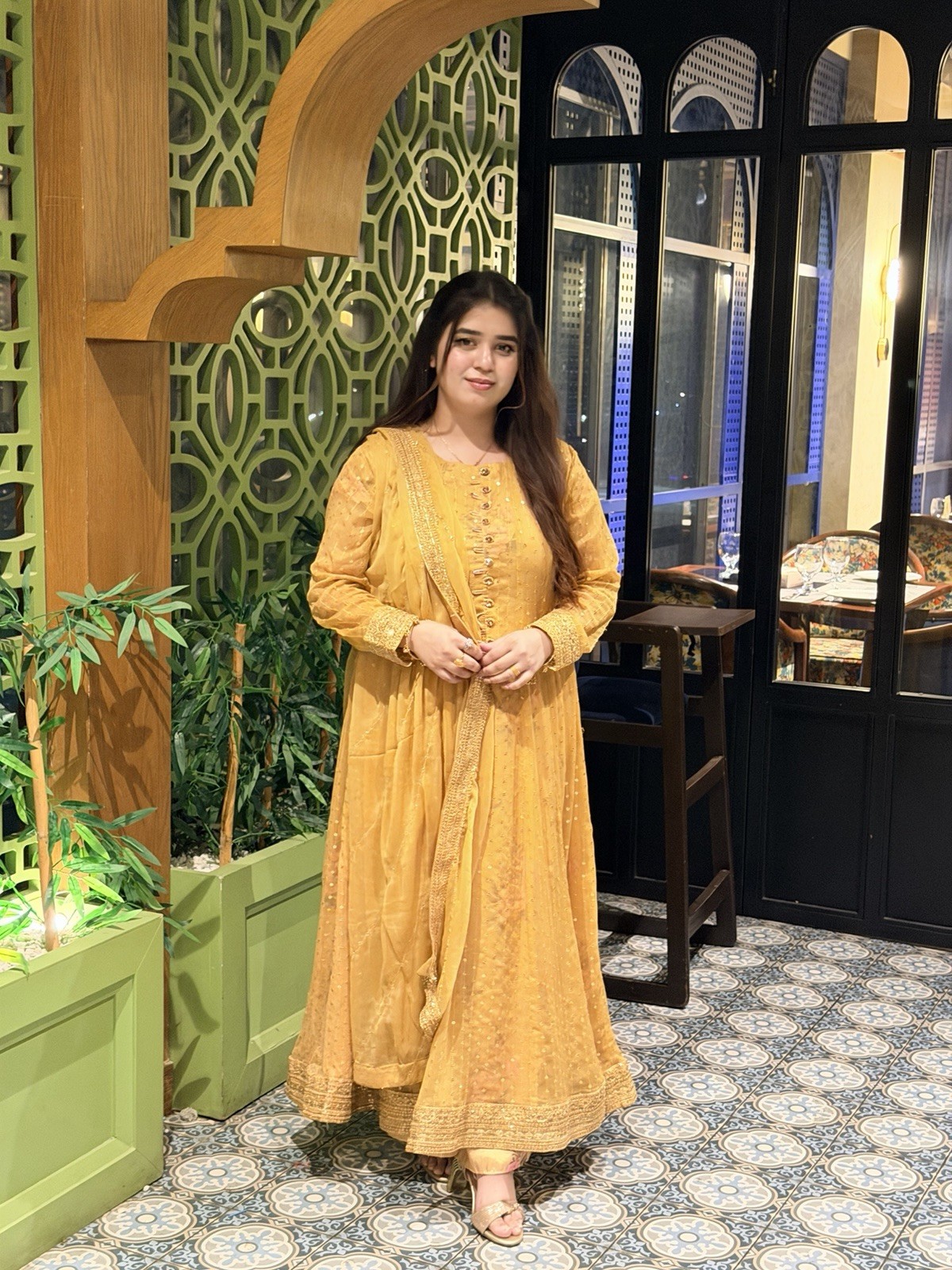 Women’s mustard Yellow Anarkali Kurta Long Dress, Cotton Chiffon,