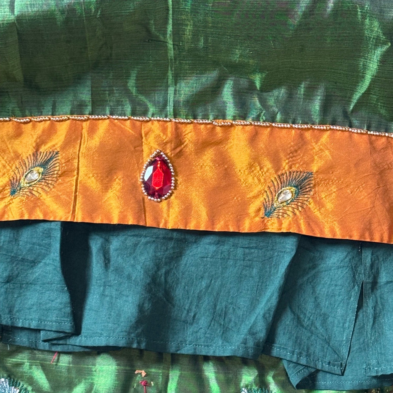 Girls Indian Ethnic Peacock Embroidered Green Silk Pattu Pavadai Dress Festive