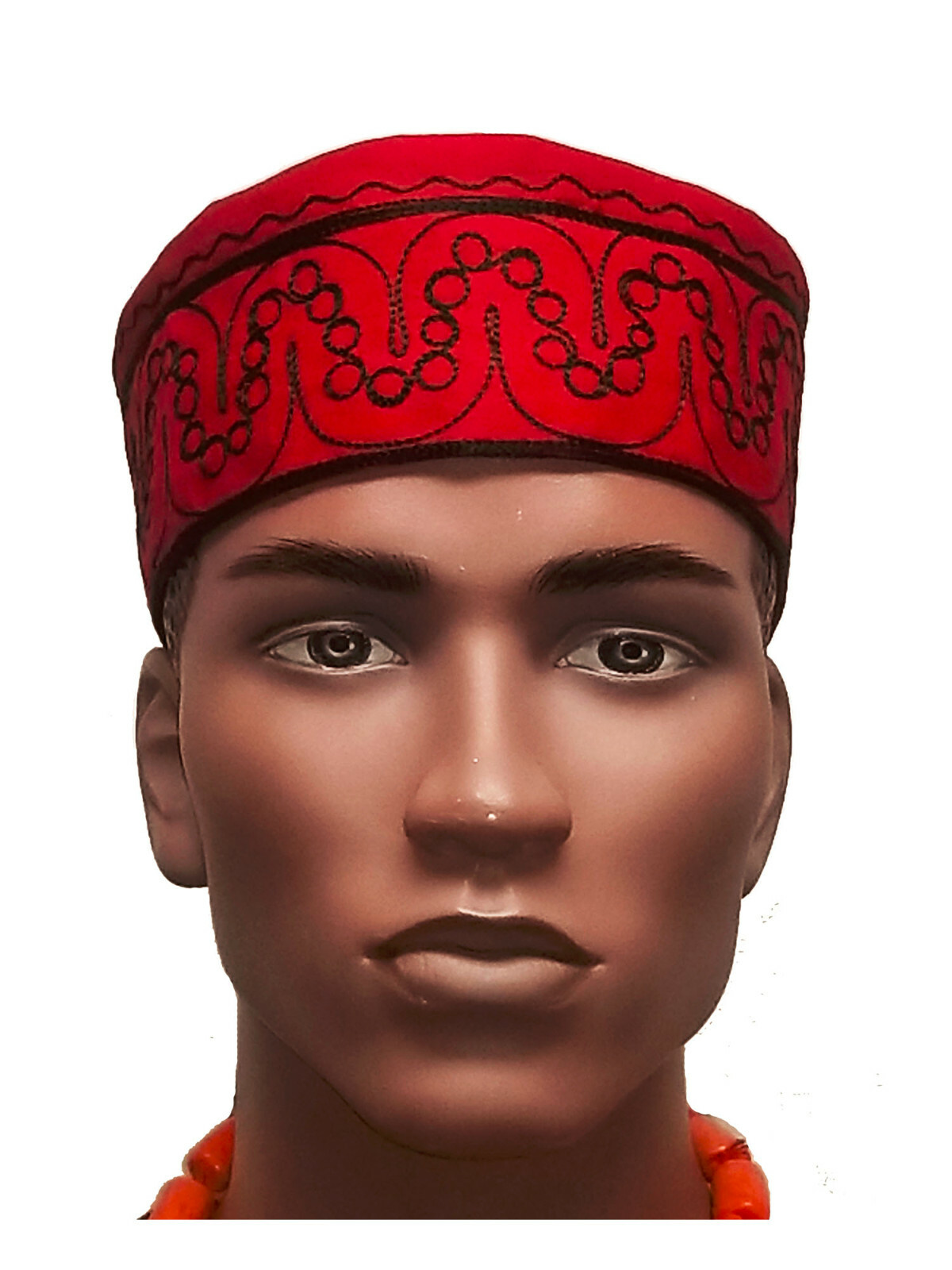 African Red Kufi Hat with Black Embroidery