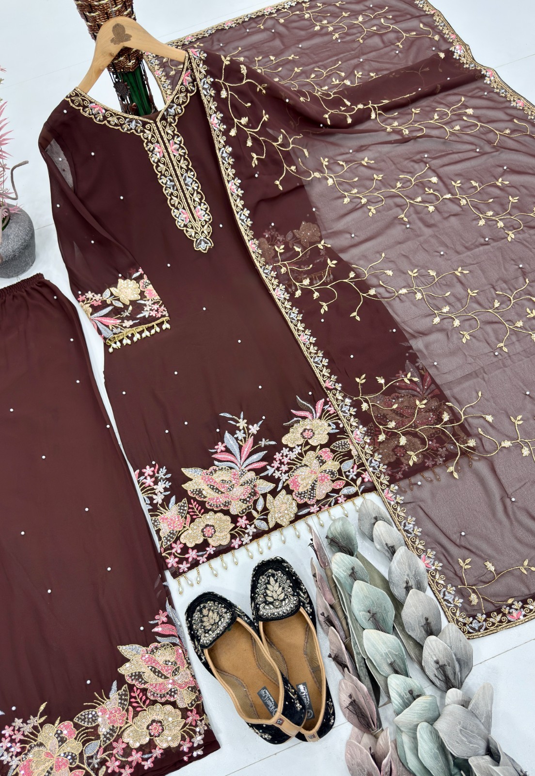 Wine Color Ready To Wear Faux Georgette Salwar Kameez Wedding Party Ethnic Suit