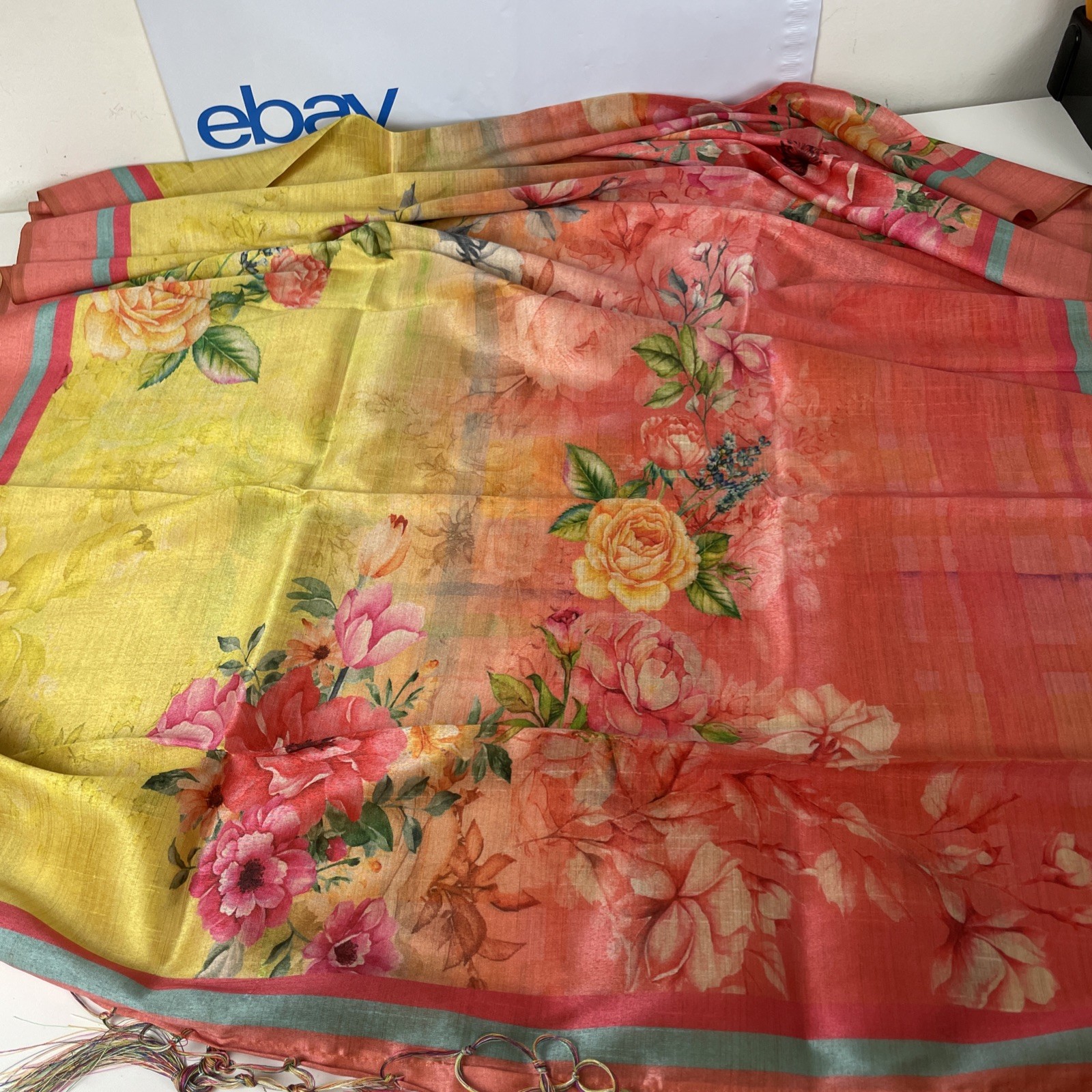 Floral Silk Dupatta 35×88 Pink Orange Yellow Gold Green Turquoise Fringe Ends