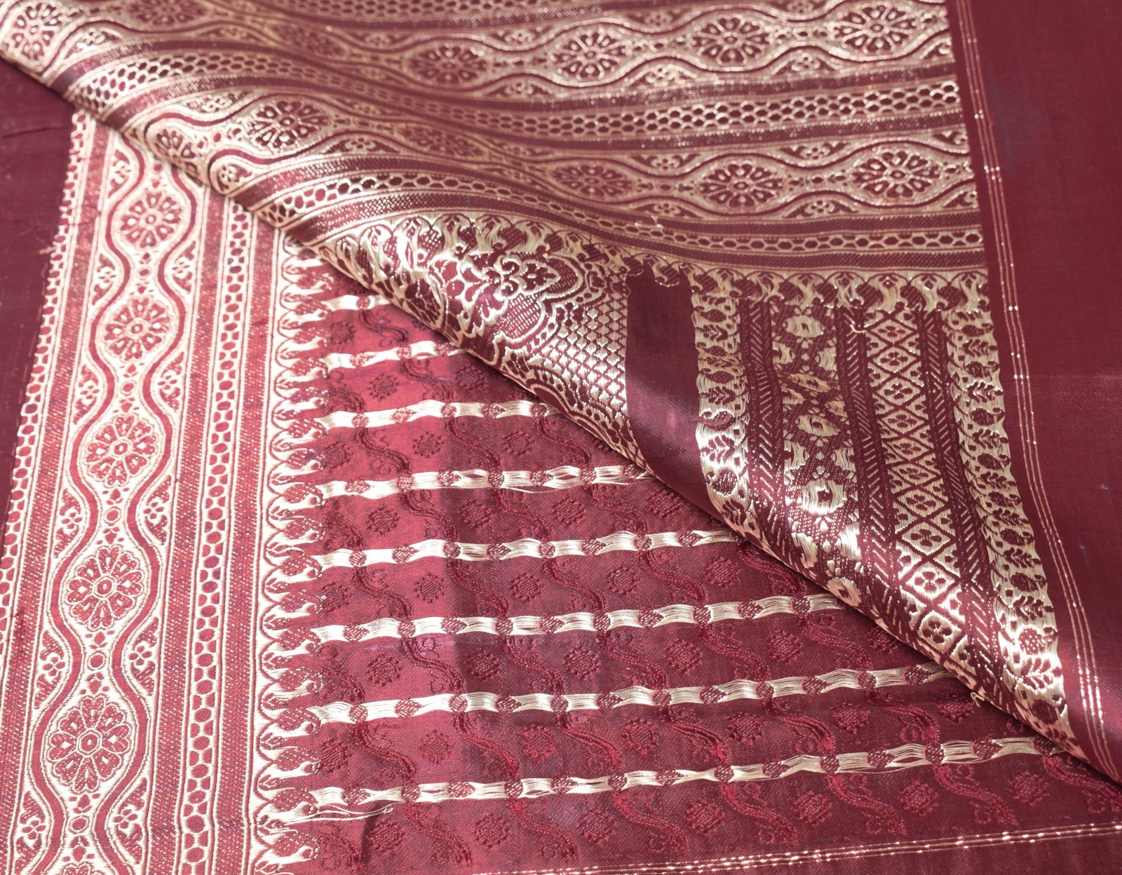 Sushila Vintage Heavy Saree Pure Satin Silk Banarasi Brocade Maroon Sari Fabric