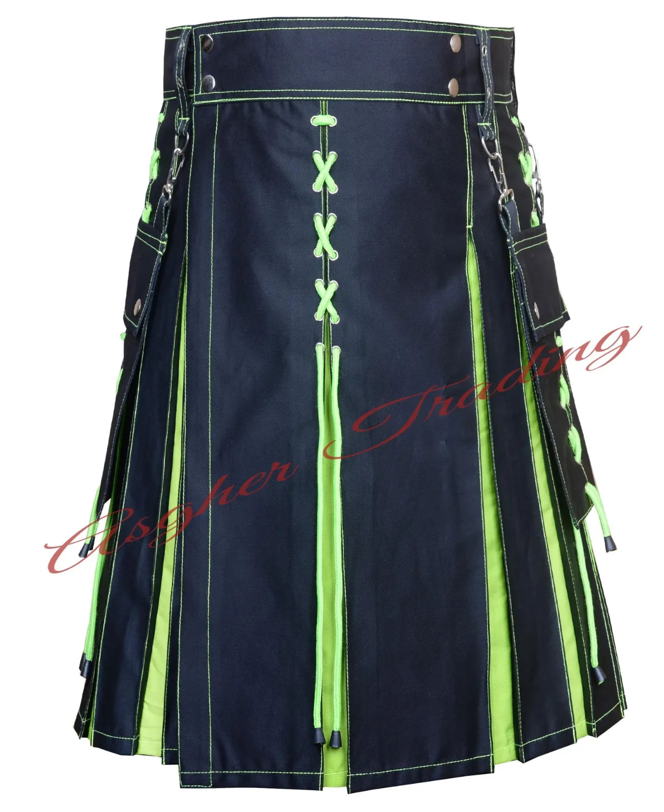 Handmade Black Cotton Hybrid Kilt: Neon Green Under pleats, Utility kilt For Men