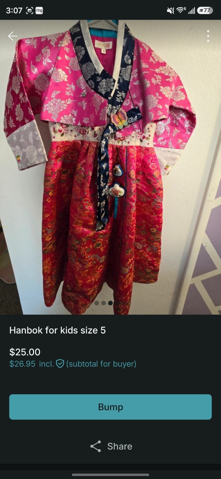 Girls Korean Hanbok Dress Size 5 Multi-Color Brocade Satin Traditional Outfit